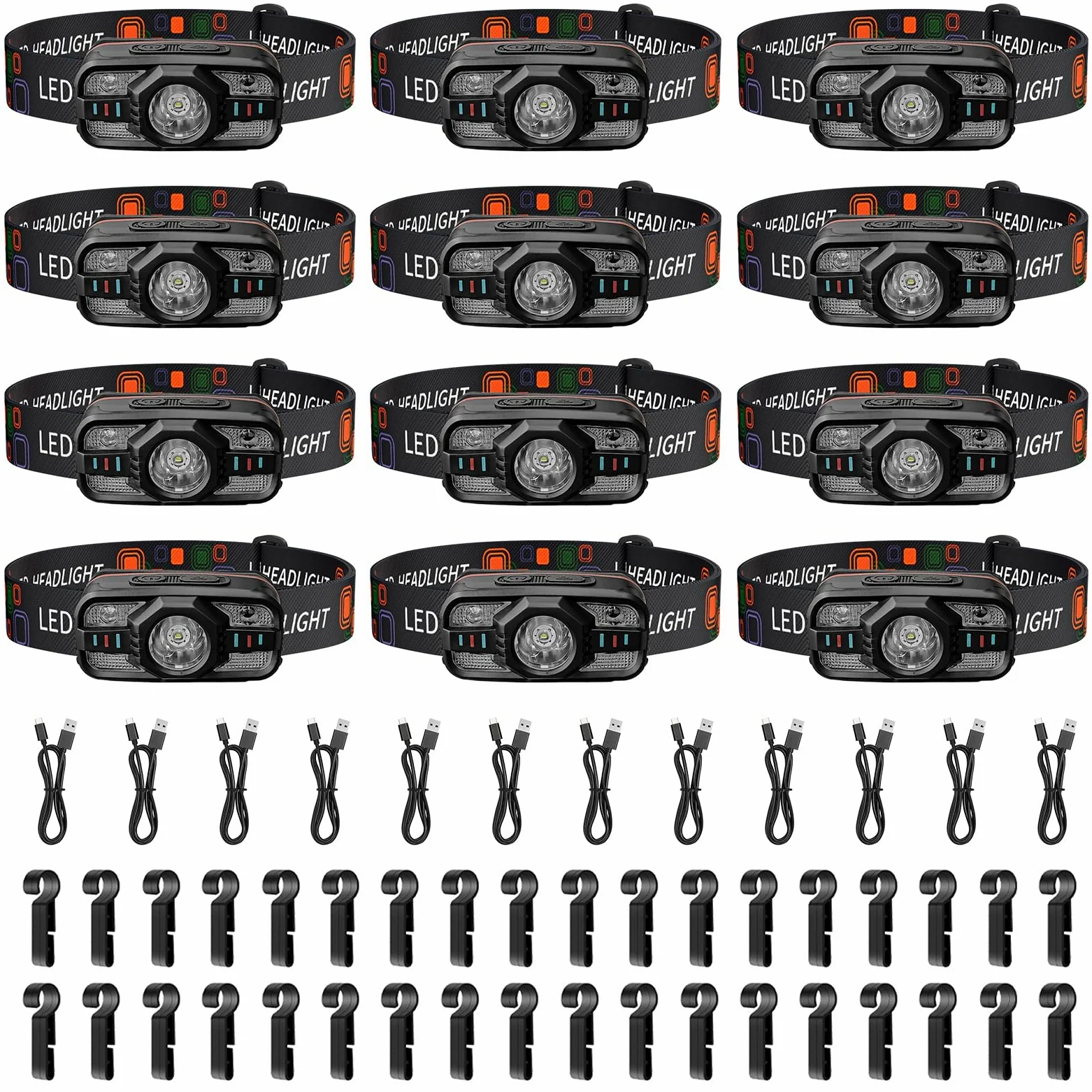 Paquete de 12 faros delanteros recargables USB-C de 2000 lúmenes, sensor de movimiento blanco/punto/inundación, resistente al agua, luz de pluma de 0.25 libras, oferta a granel para camping