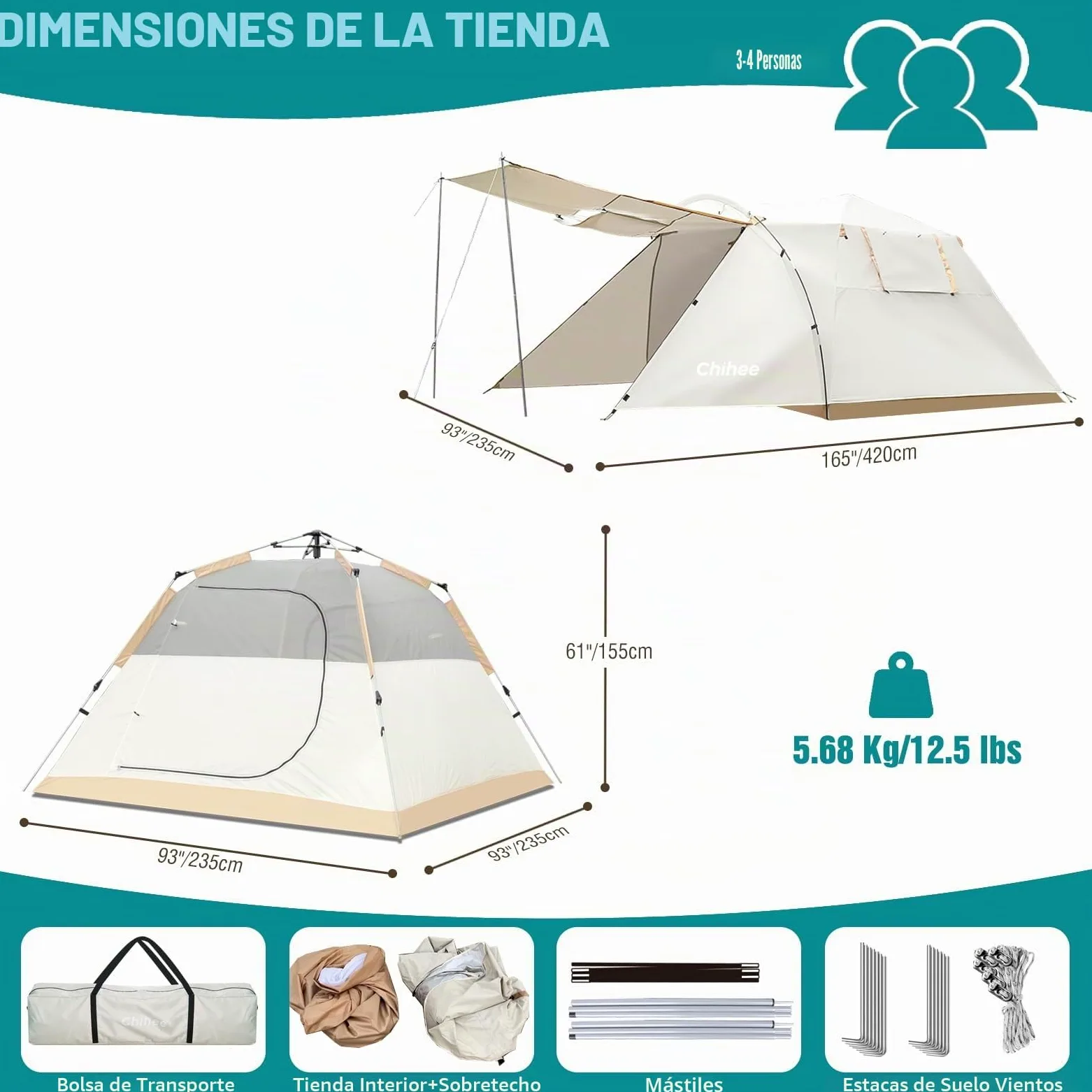 Chihee Tiendas de Camping Carpa Pop-Up Portátil,Carpa Familiar 2 Puertas Montaje Instantáneo Tienda Grande Resistente a la Intemperie Tienda 4 Estaciones con Toldo Incluye Bolsa de Transporte Rainfly