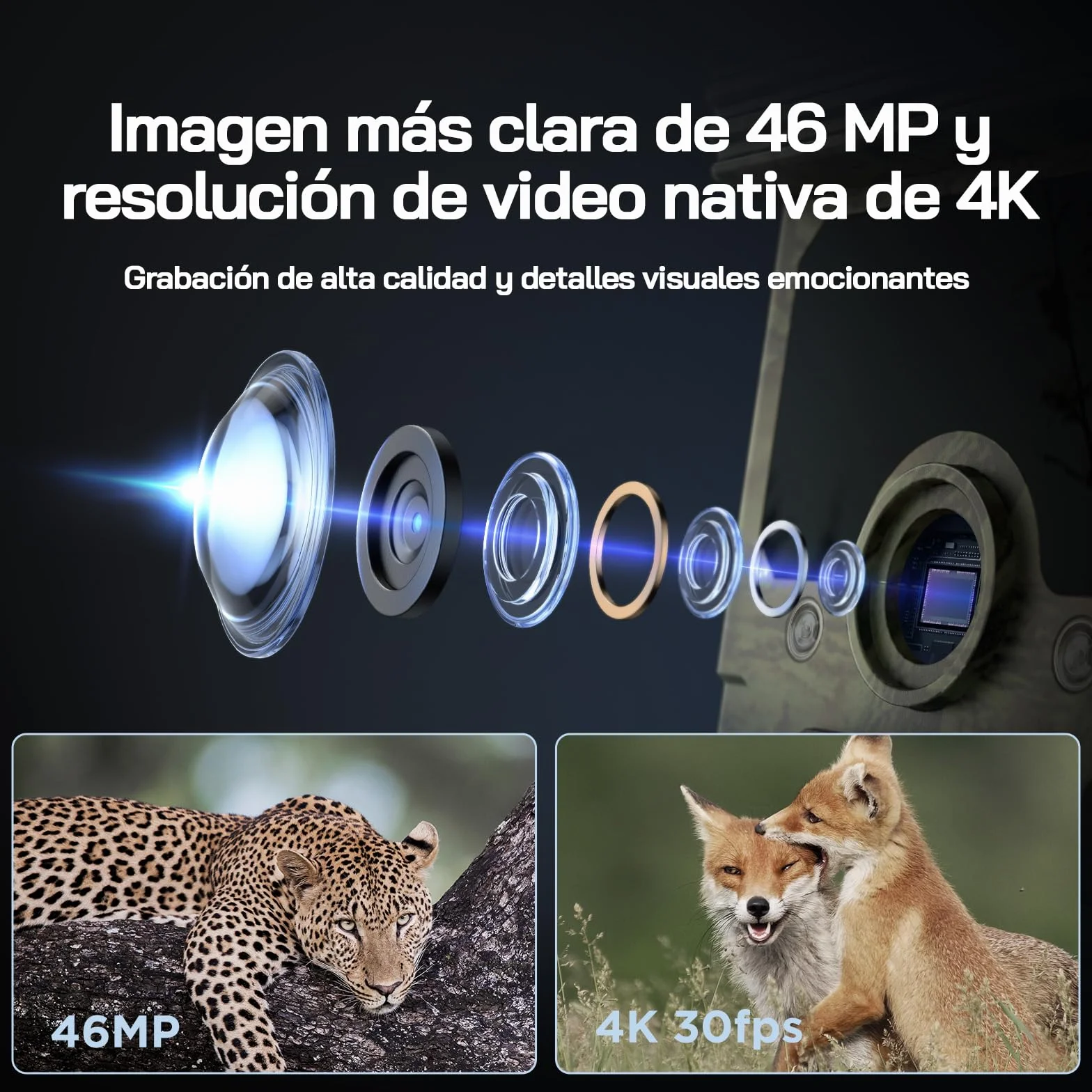 WOLFANG Cámara de Caza Solar 4K 30fps 46MP, WiFi Bluetooth Camara Fototrampeo con Visión Nocturna, Disparo de 0.1 s, IP66 Impermeable, Camara Caza para Monitoreo de Vida Silvestre con Tarjeta Micro SD