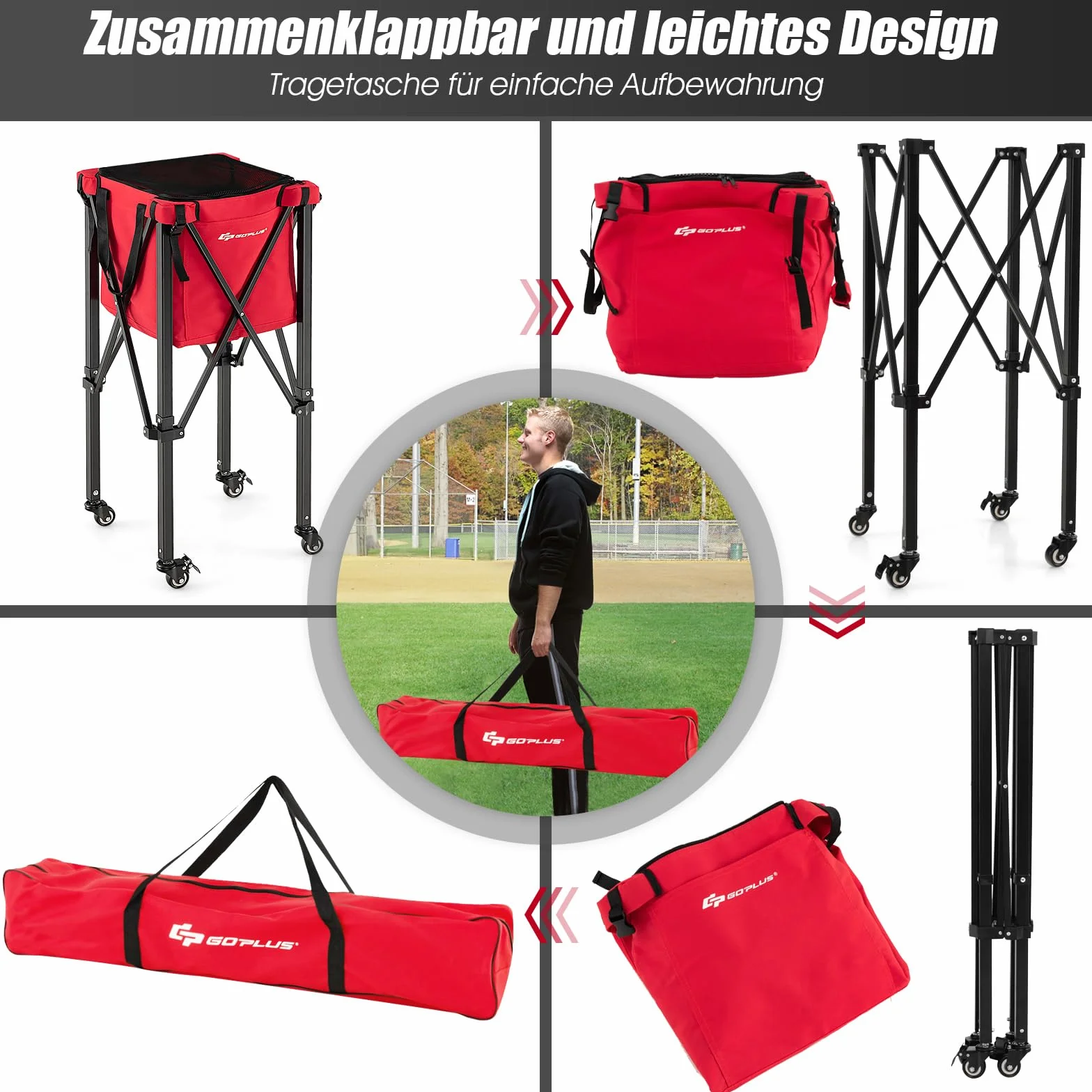 GOPLUS Carro de tenis plegable, carrito de pelotas portátil con bolsa de transporte, carrito de pelotas de tenis de aluminio y tela Oxford, soporta hasta 30 kg, cesta para pelotas de tenis, bádminton