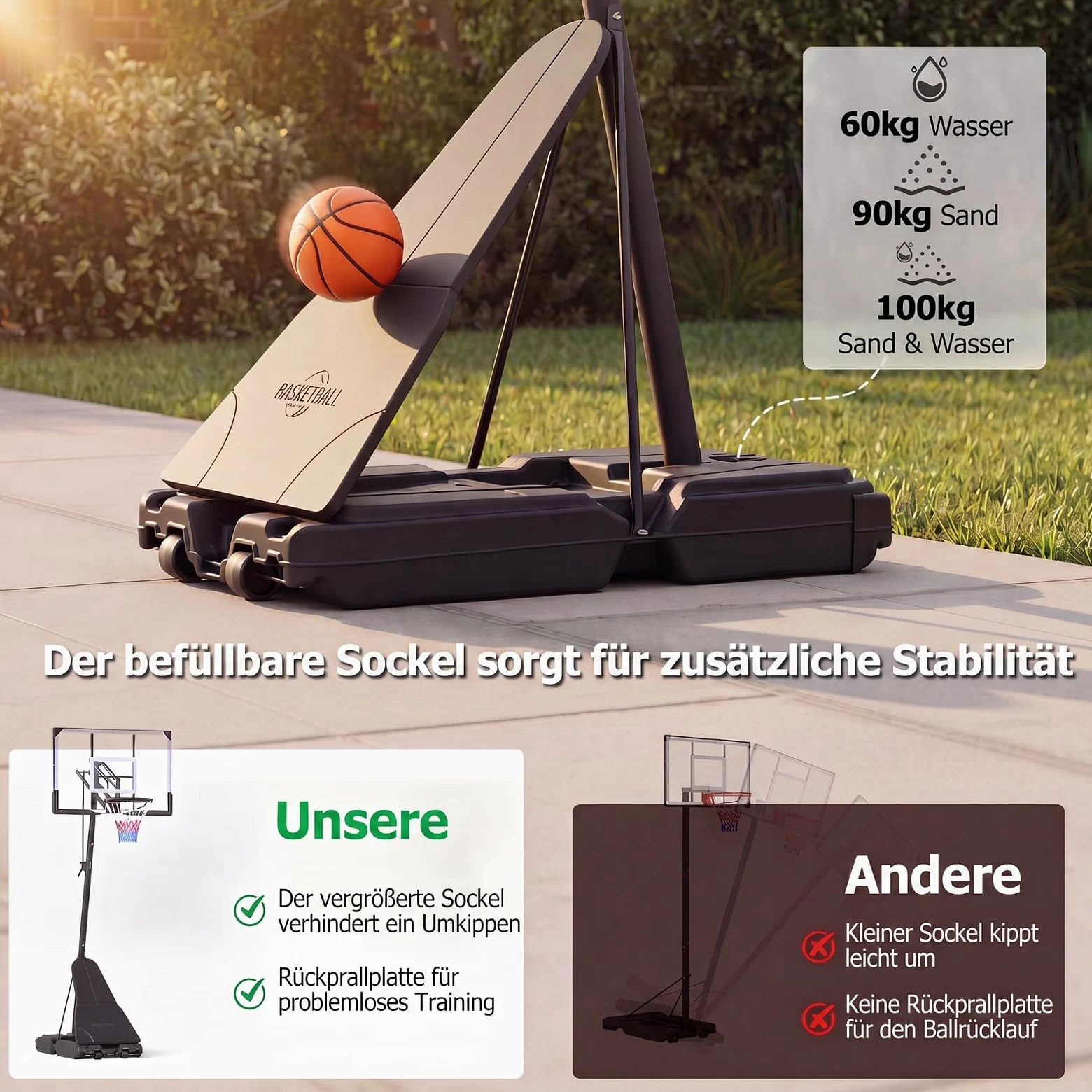 GYMAX Canasta de Baloncesto Portátil, Sistema de Aro de Baloncesto para Adultos con Altura Ajustable 245-305 cm, Base Rellenable, Reboteador de Balón y Ruedas, Uso Interior Exterior