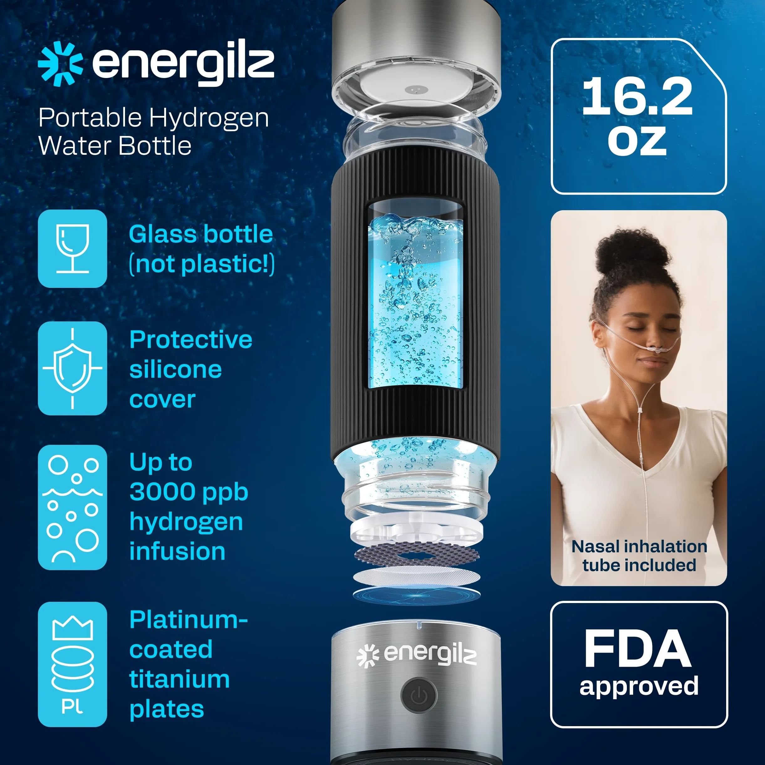 Botella de agua de hidrógeno | Generador de botella de agua de hidrógeno grande de 480 ml, 3000 ppb, máquina de hidrogenación, generador ionizador hidrogenado SPE/PEM (acero con negro)