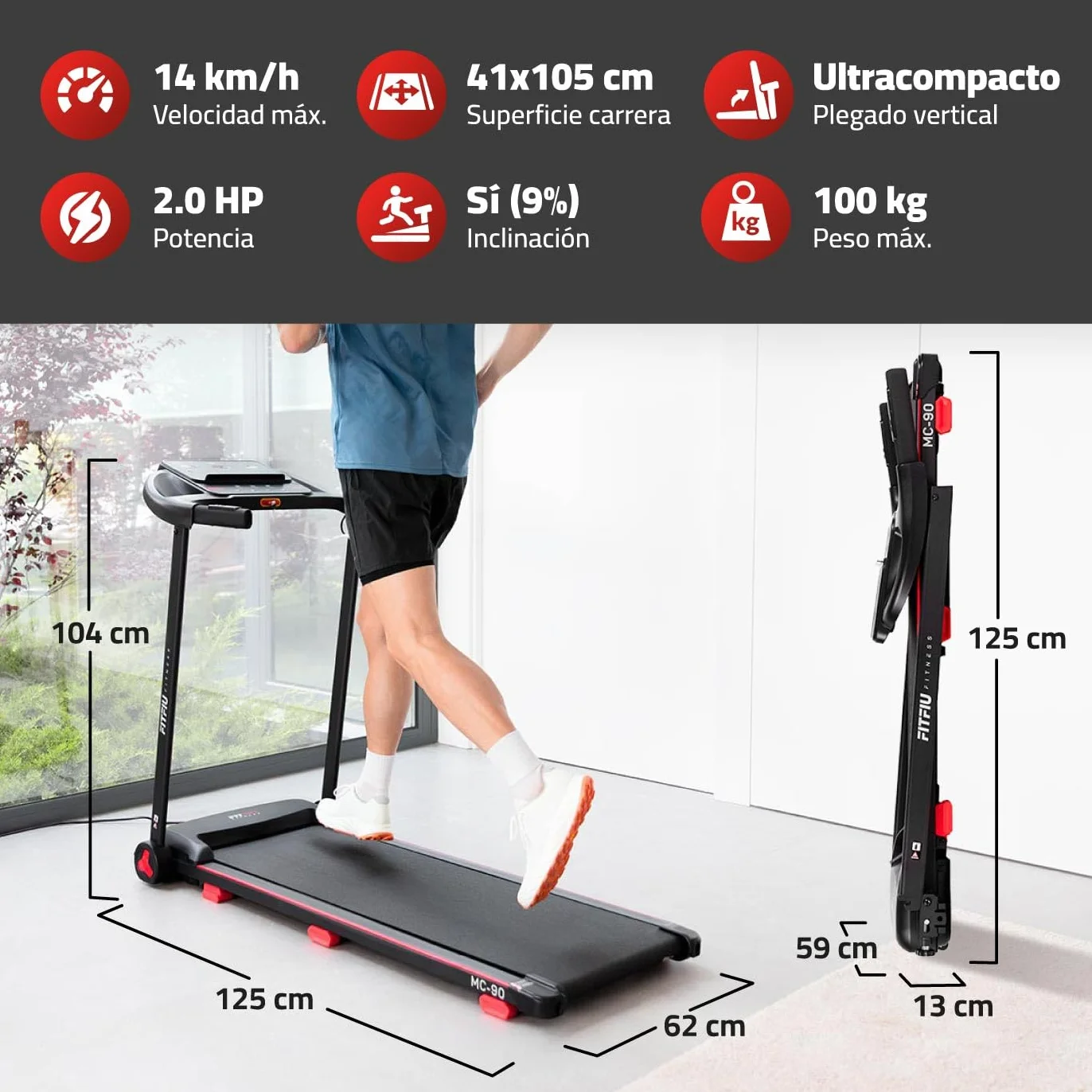 Cinta de Correr Plegable FITFIU Fitness Inclinación 9% y Velocidad Ajustable 14 km/h Conectividad App y Altavoces Integrados 12 Programas y Motor 2.0 HP con Soporte para Tablet MC-90