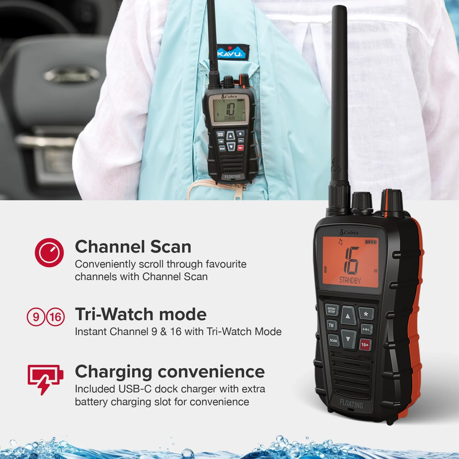 Cobra BlueBound 350 Radio Marina VHF Flotante de Mano - 6 W, Float n' Flash, IPX7 Impermeable, Sumergible, Pantalla LCD día/Noche, escaneo de Memoria, Tri-Watch, Negro