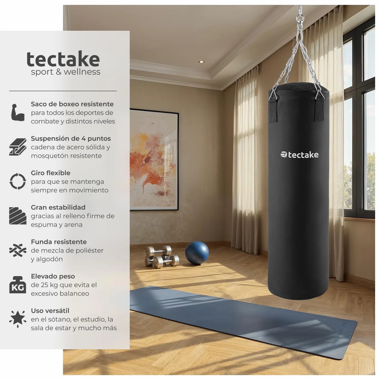 tectake® Saco de Boxeo con Suspensión de Cadena, Cierre Giratorio, para Entrenamiento en Casa, Fitness, Saco Boxeo para MMA, Muay Thai, Fitness, Kick Boxing - 28 x 28 x 105 cm