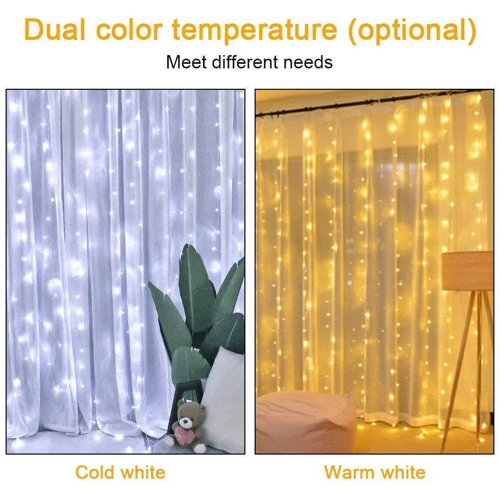 Aomig Cortina de Luces LED USB 3m x 3m 300 LED 8 Modos Control Remoto Impermeable para Ventana Navidad