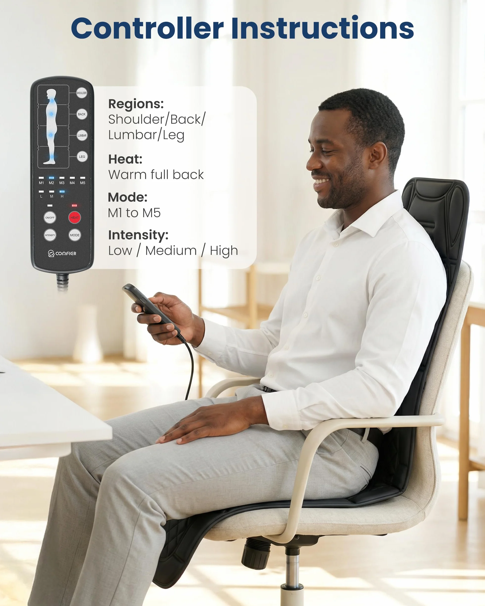 COMFIER Colchoneta de Masaje Cuerpo Completo con Calor, 10 Motores, 5 Modos, Apagado Automático