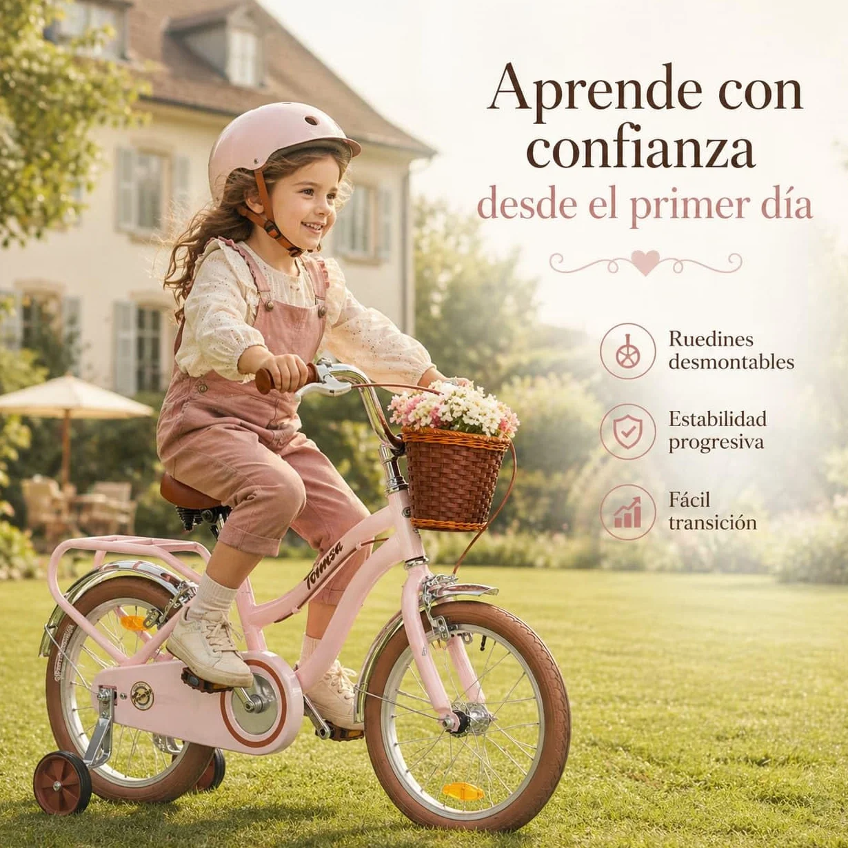 Toimsa - Bicicleta para Niños con Ruedines - Ruedas Hinchables 16 Pulgadas - Diseño Vintage Rosa - Sillin Regulable, Limitador Giro Manillar, Cesta Delantera y Portaequipajes - Bici Infantil +5 años