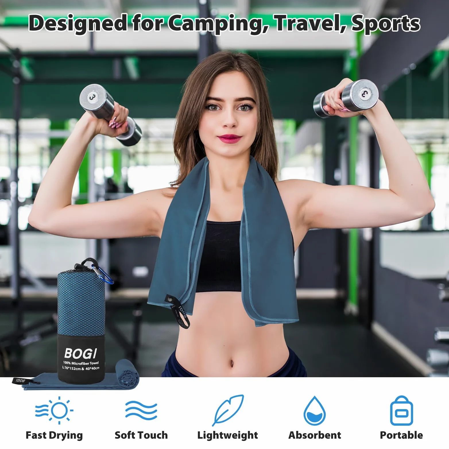 BOGI Paquete de 4 (8 piezas) de toallas deportivas de microfibra de secado rápido, toalla de camping de microfibra suave y ligera, toalla de viaje compacta para camping, gimnasio, playa, baño, yoga,