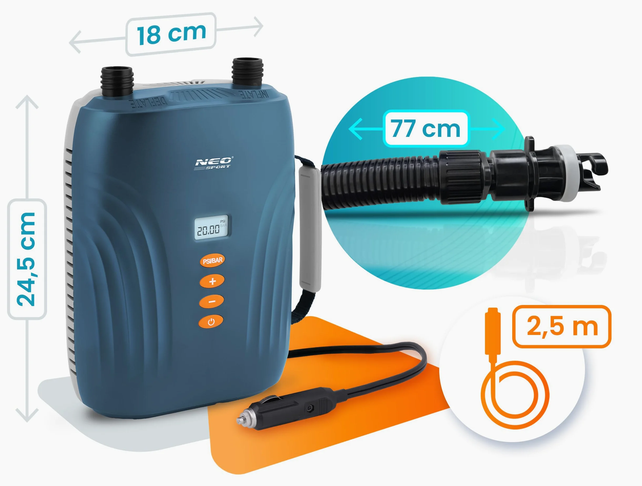 Neo-Sport Bomba de Aire eléctrica de 12 V para Sup, colchón de Aire y Bote Inflable – Bomba de 20 PSI Sup con Doble Motor, Parada automática, 6 adaptadores y función de desinflado