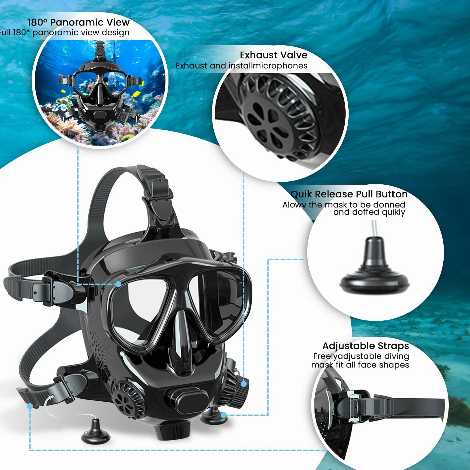TUDIVING - Máscara de Buceo de Cara Completa con Soporte para cámara, Vista panorámica de 180°, máscara de Snorkel de Cara Completa para Adultos, Compatible con Tanques de Buceo de 1L/2L