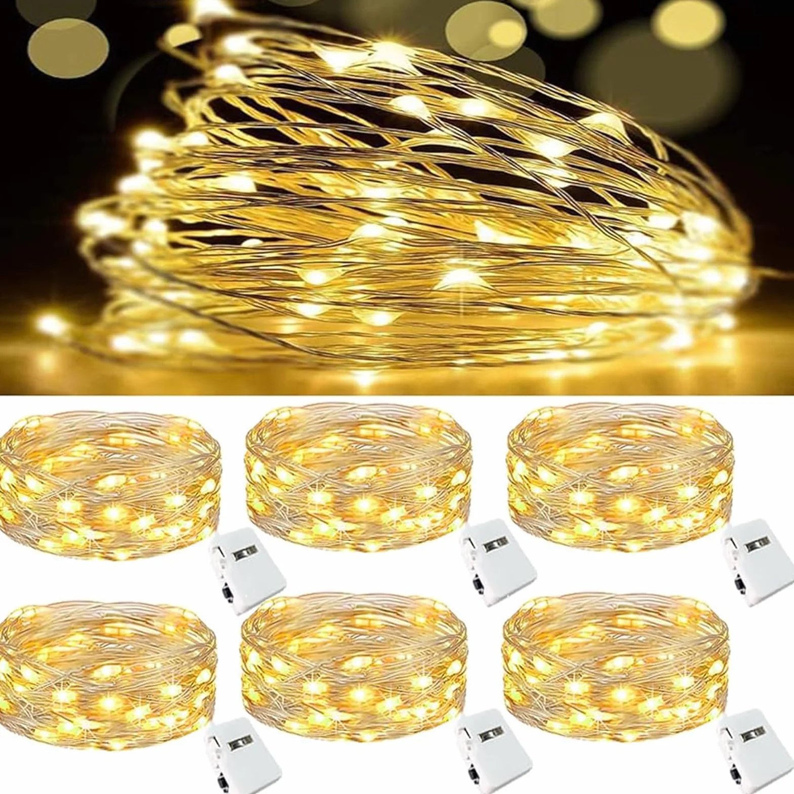Cadena de luces LED 6 Guirnaldas a pilas 2m 20 LEDs Blanco cálido