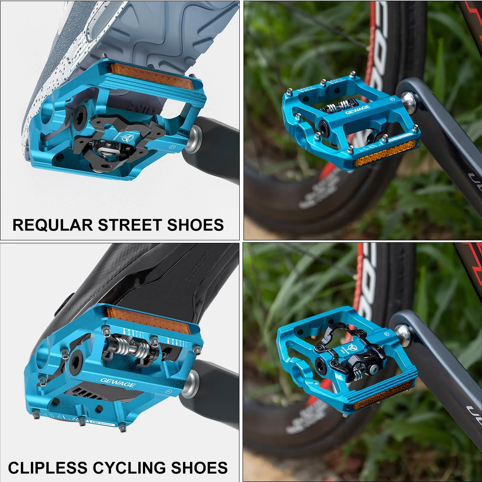 Pedales de Bicicleta de montaña con Reflector, Placa de Doble función y Pedales sin Clip, Pedal de Bicicleta de 9/16 Pulgadas, Compatible con SPD, 3 rodamientos sellados, Pedales de montaña de