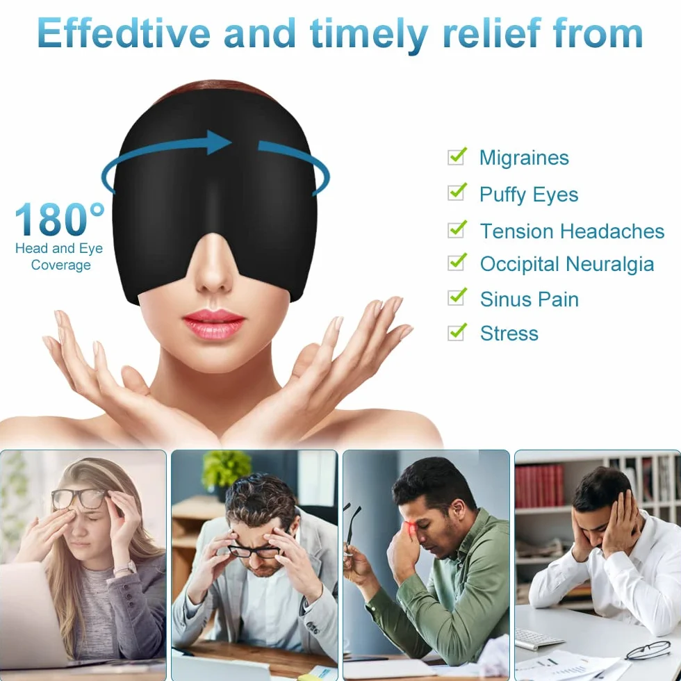 ACWOO Gorro de Gel para Migraña, Frío/Caliente Reutilizable, Alivio Dolor de Cabeza, Negro