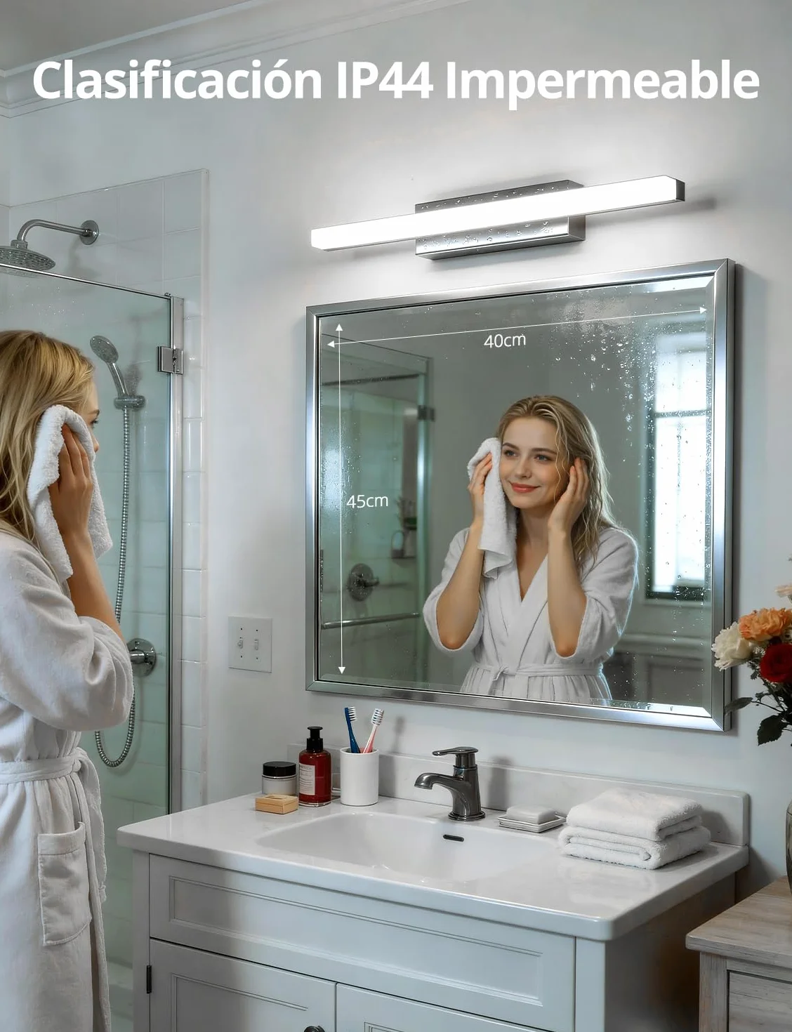 Yafido Aplique Espejo de Baño 40CM LED 9W Cromo IP44 6000K 230V Luz Maquillaje