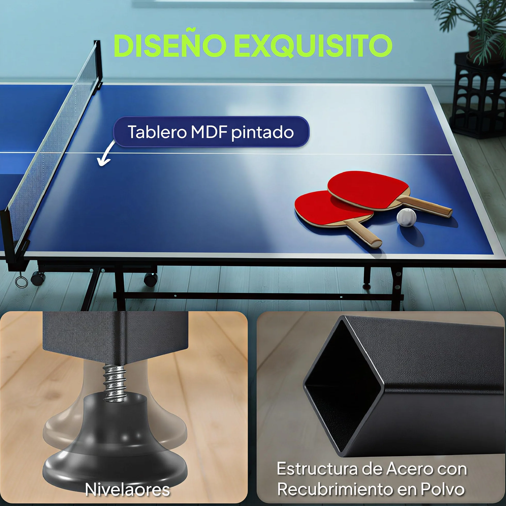 SPORTNOW Mesa de Ping-Pong Profesional Plegable con 4 Ruedas, Red, 2 Palas y 3 Pelotas 274x152,5x75,5 cm Azul