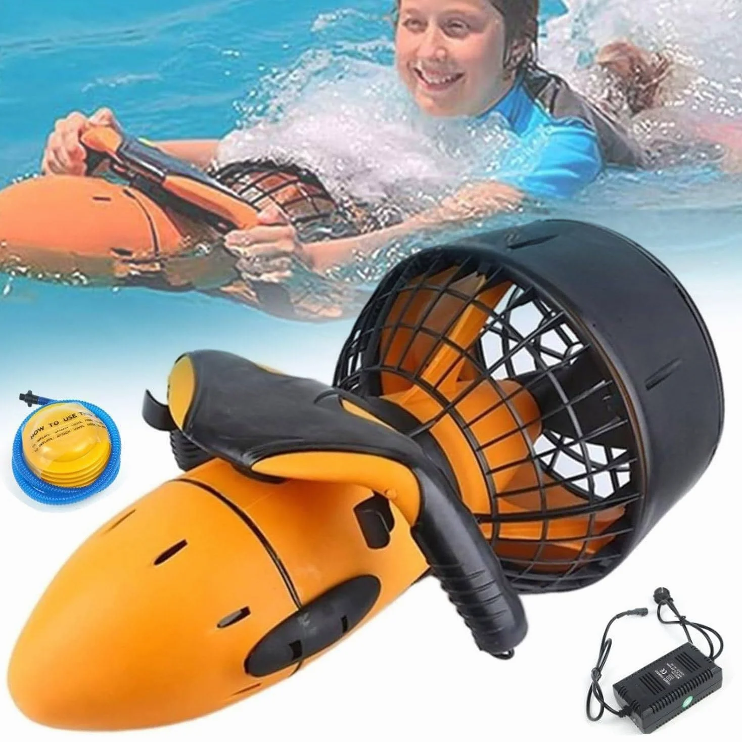 Scooter submarino de propulsión acuática, dispositivo sumergible con hélice de agua, batería de litio de 500 W, dispositivo de natación para deportes acuáticos en piscinas.,Orange