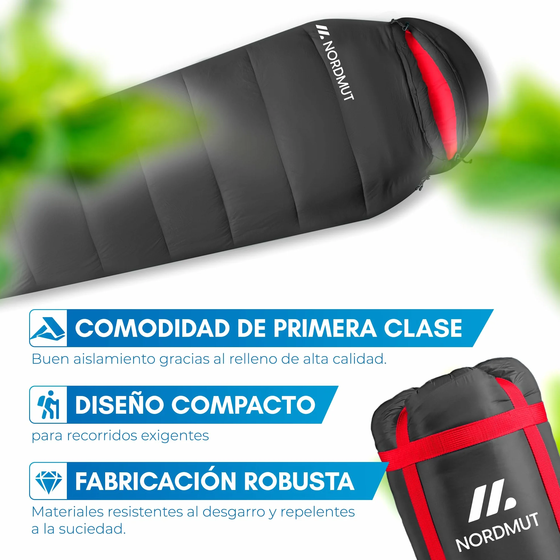 NORDMUT® Saco de Dormir Adulto Comfortable - Sleeping Bag Compacto y Ultraligero (900/1500 g) - 3 Estaciones (250 gsm) de Verano (100 gsm) campismo