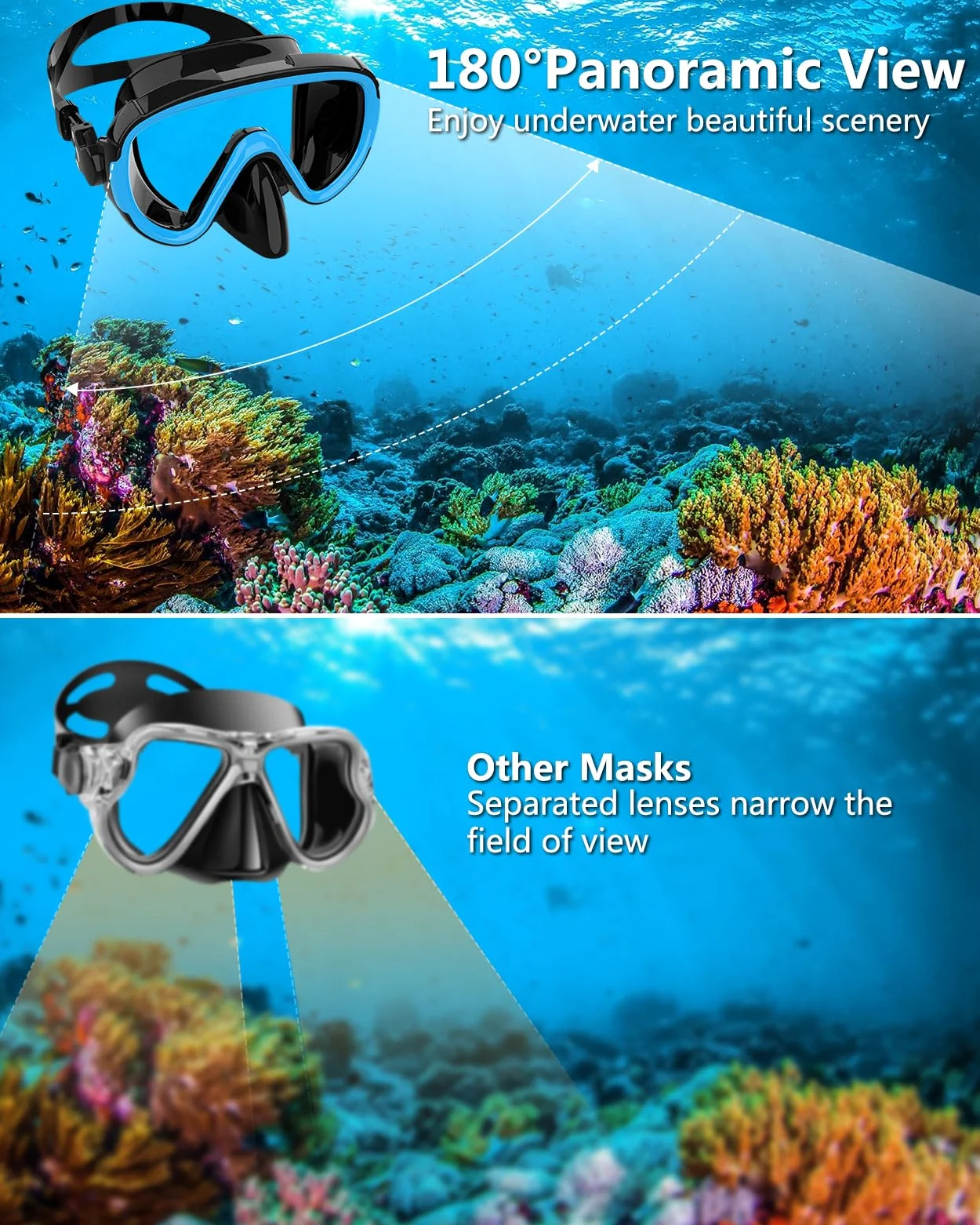 Juego de 2 máscaras de esnórquel secas para adultos, máscara de buceo, gafas de natación, máscara de buceo, cubierta de nariz, buceo libre, (azul cielo + verde)
