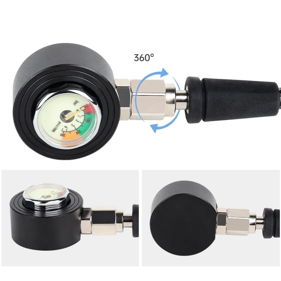 Manguera luminosa de alta presión de fibra de carbono, clasificación de 300 bares, giro de 360°, rosca 7/16-20UNF compatible con tanques