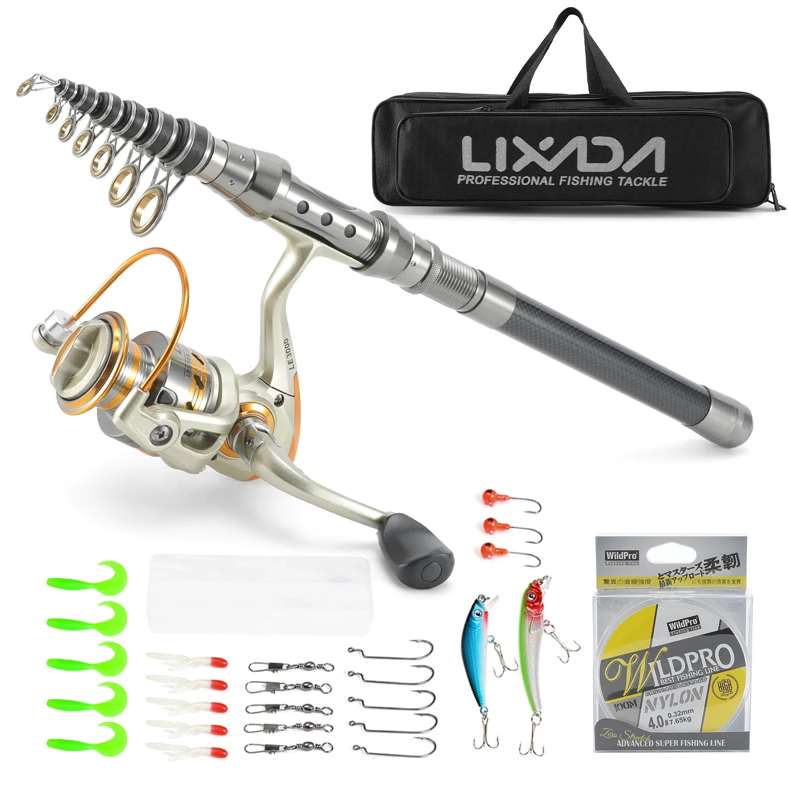 Lixada - Caña de pescar telescópica y carrete combo, transmisión de engranaje con sedal de 100 m, señuelos de pesca, anzuelos de pesca, cabeza plomada, bolsa de transporte, 150