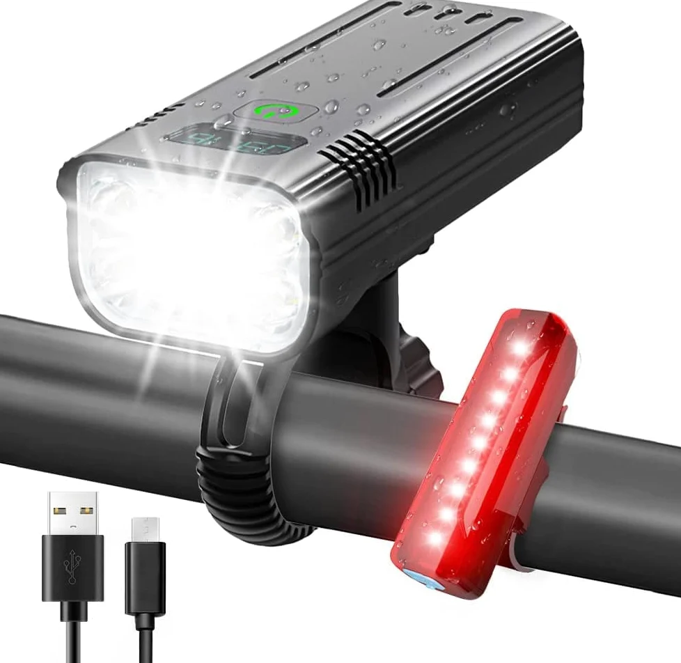 Luces de bicicleta, 8 LED de 8000 lúmenes, luz de bicicleta súper brillante, 5+5 modos de luz de bicicleta recargable por USB delantera y trasera, juego de faros delanteros y luces traseras para montar nocturno, carretera, montaña