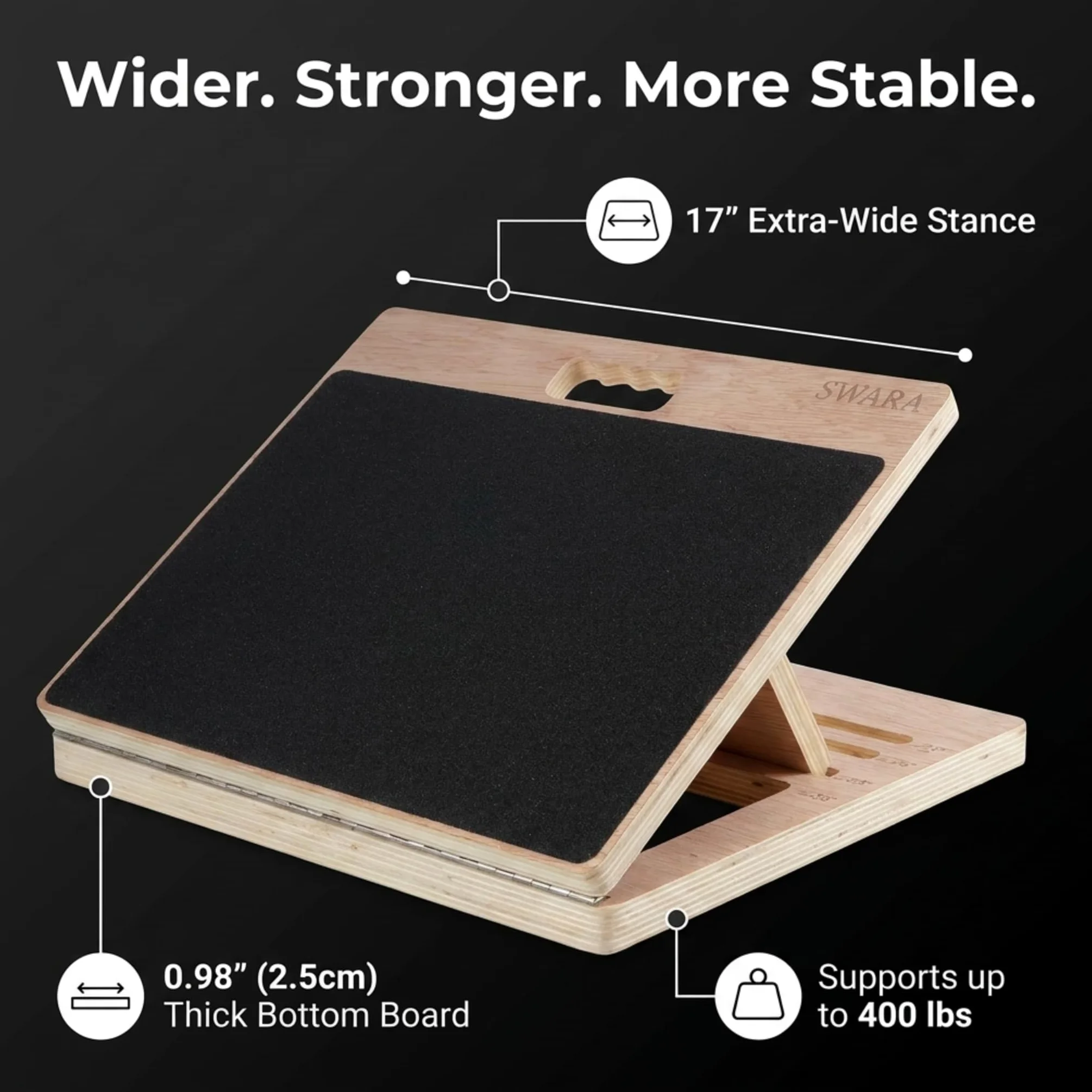 Swara Tabla inclinada de madera portátil profesional, estirador de pantorrilla ajustable, 17 pulgadas de ancho, capacidad de 400 libras, estiramiento de pantorrillas, sentadillas, terapia física,