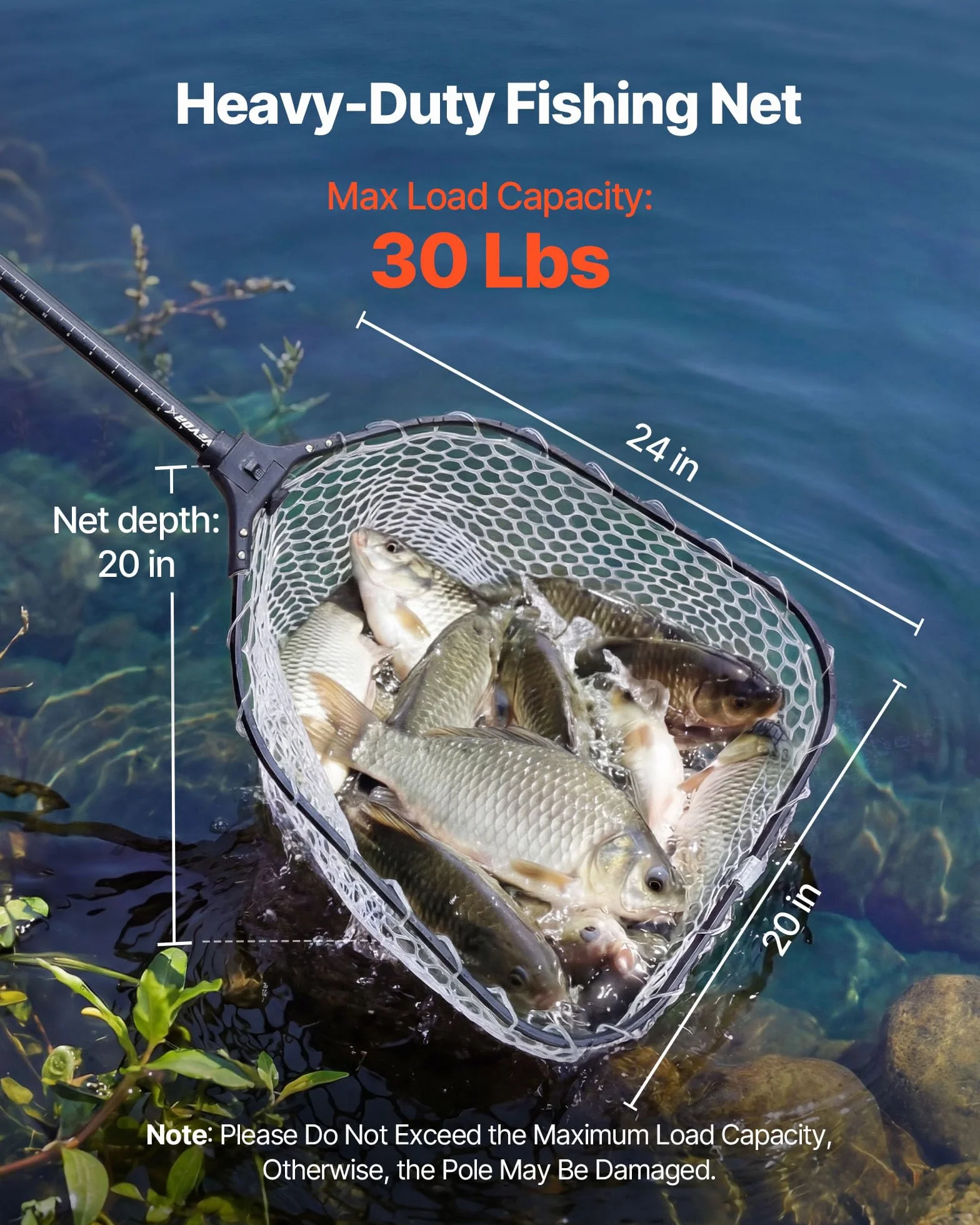 VEVOR Red de Pesca de Aluminio, Red de Aterrizaje de Peces con Malla de Silicona Suave y Mango Telescópico de PE, Ligera y Resistente, Sacadera Soporta hasta 13,6 kg, para Kayak, Barco, Orilla