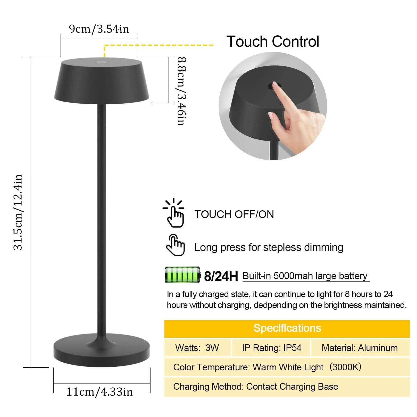 Klighten Lámpara de escritorio LED Recargable 2 Piezas Regulable Antracita Aluminio Carga USB IP54 Impermeable 3000K