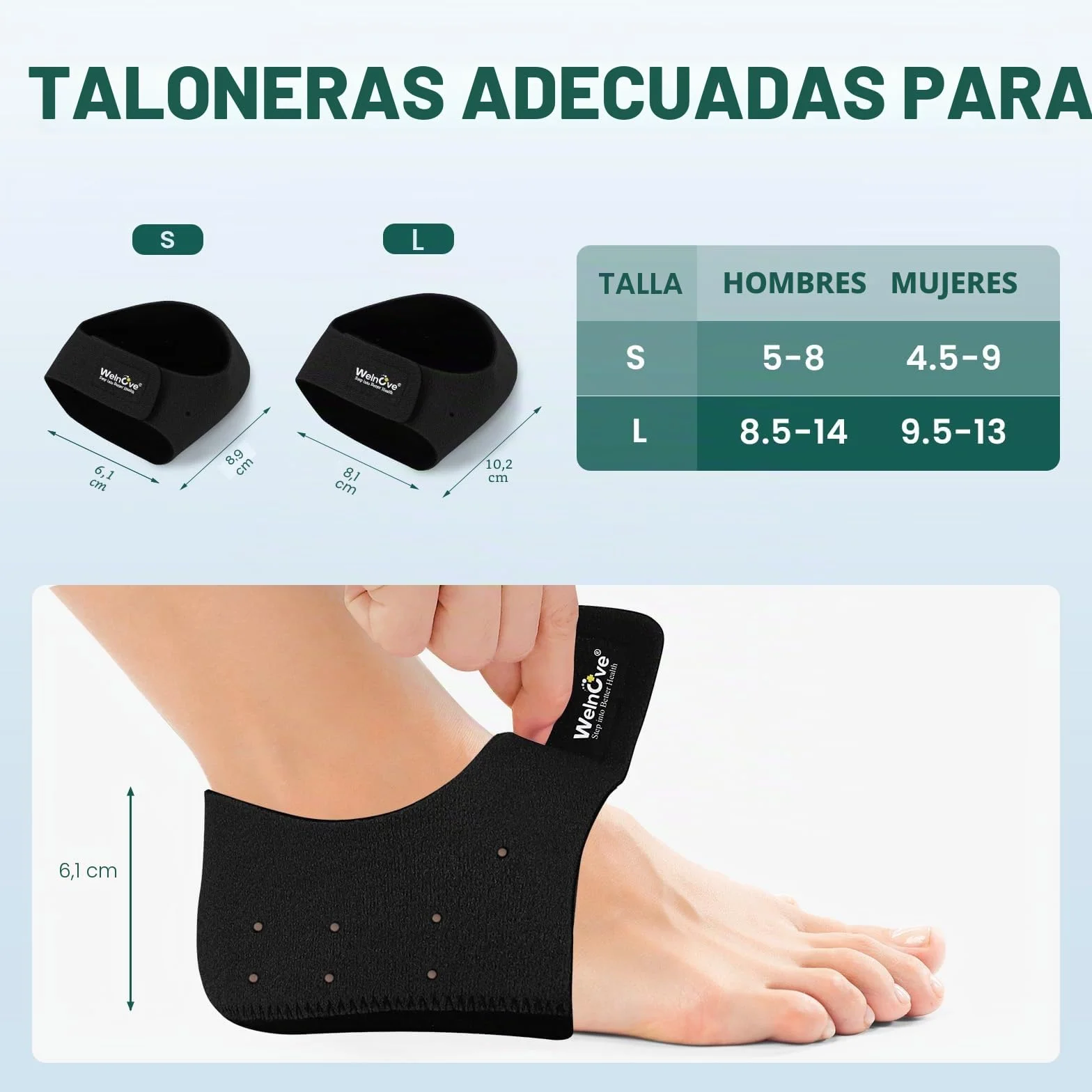 Welnove Protector de talón para fascitis plantar, talón de gel mujer hombre espolones plantillas tendinitis Aquiles Negro Large EU 42-47