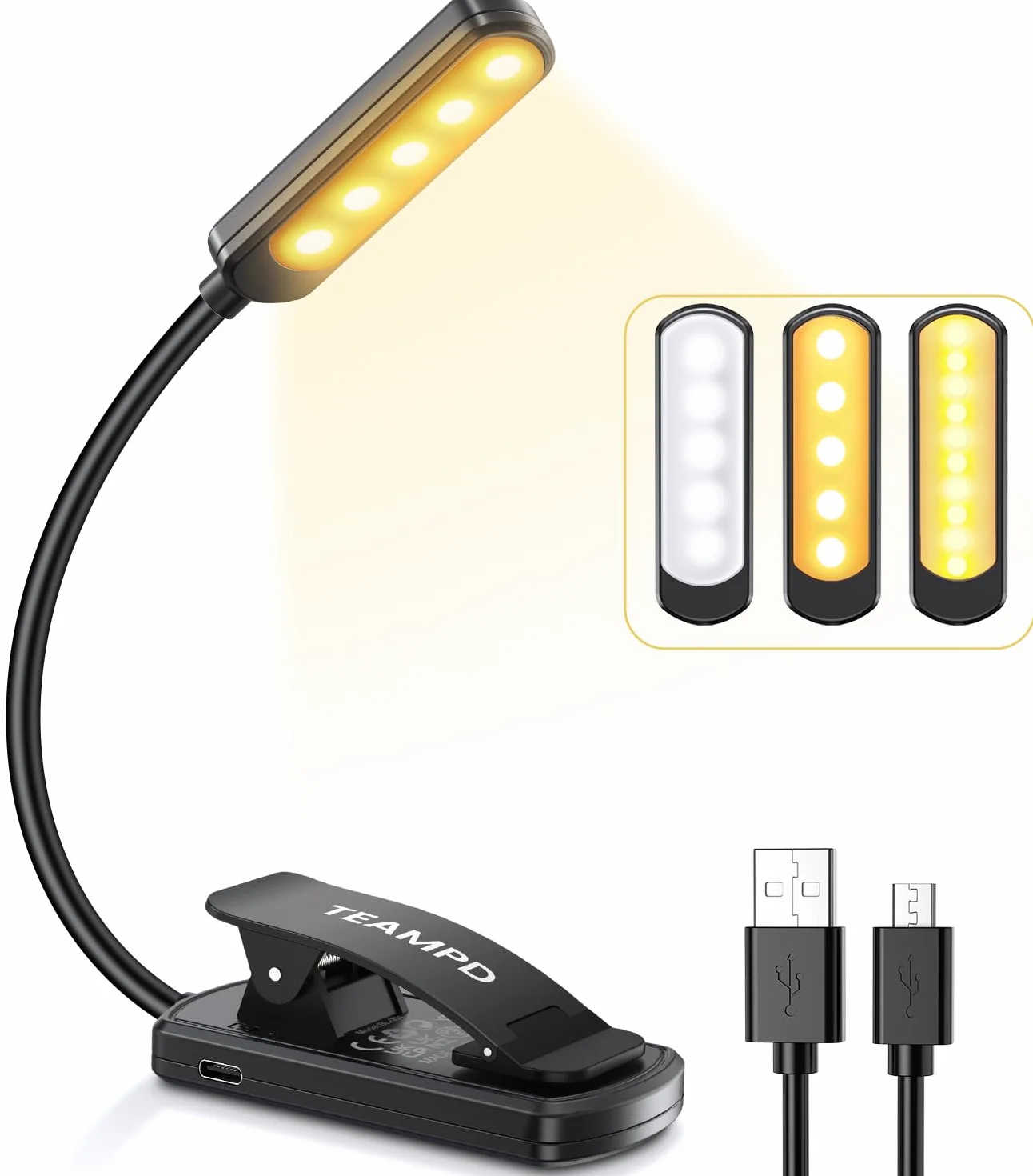 TEAMPD Luz de Lectura USB Recargable, 10 LEDs 3 Colores Atenuación Continua, 360° Flexible con Clip