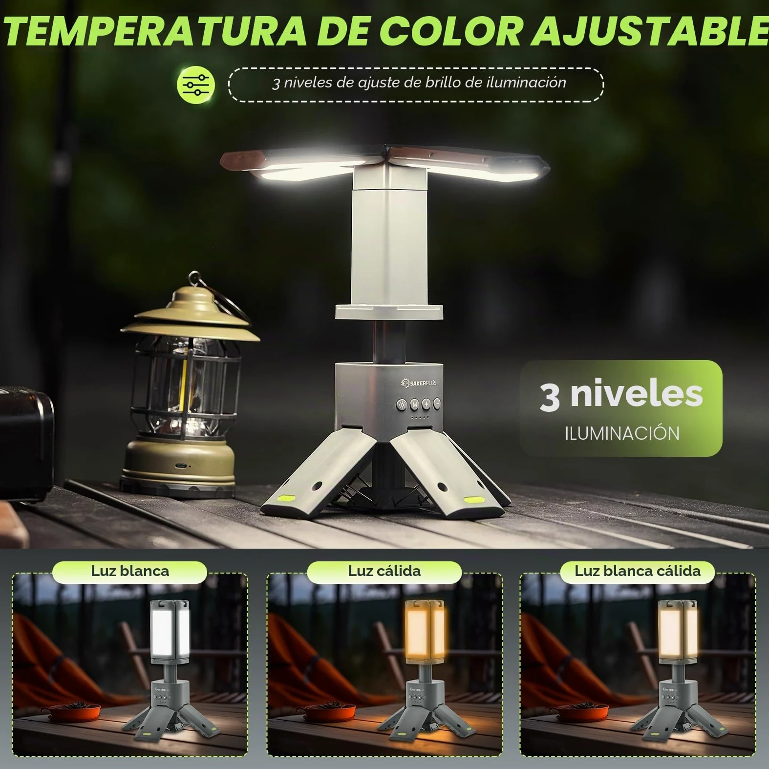SakerPlus Linterna telescópica de camping, fuente de alimentación recargable de 14000 mAh, lámparas magnéticas regulables de 6000 lúmenes, iluminación de trabajo