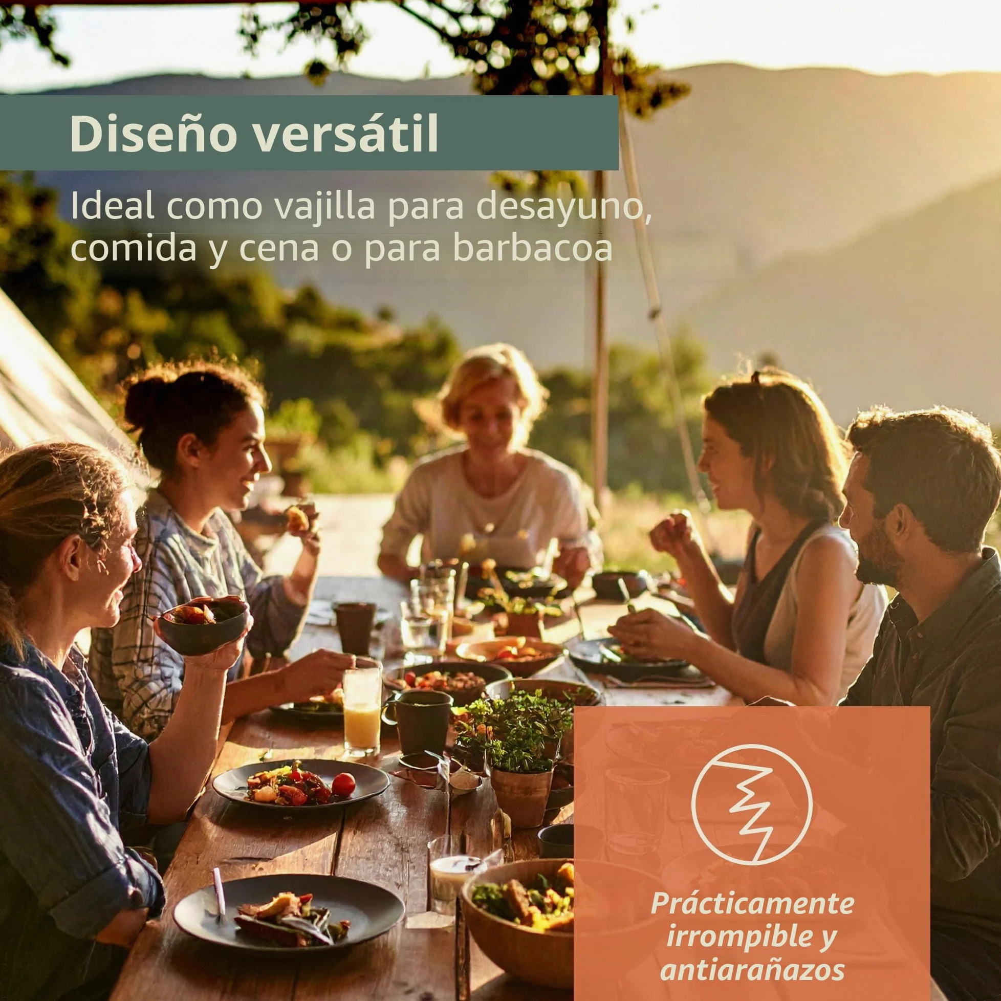 Moritz Vajilla de melamina para camping para 4 personas, 12 piezas, apta para lavavajillas, vajilla de pícnic, vajilla de camping, diseño de piedra verde
