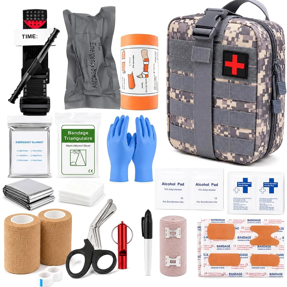Juego de primeros auxilios militares para exteriores, 61 unidades, kit de primeros auxilios militares, relleno de Ifak, kit de emergencia, kit de supervivencia para acampar al aire libre, caza