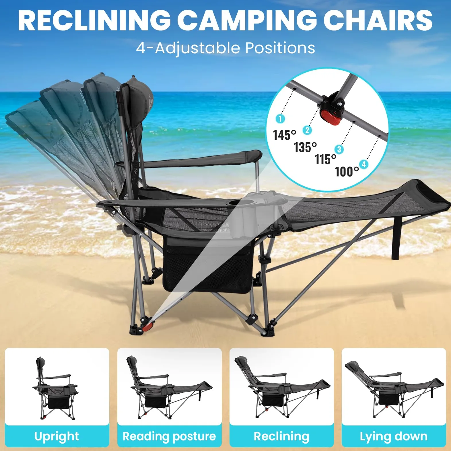 #WEJOY Silla de camping plegable 2 en 1, 180 kg, con reposapiés, silla de playa con respaldo ajustable en 4 posiciones, sillón de relax con soporte para bebidas, tumbona para exteriores, camping