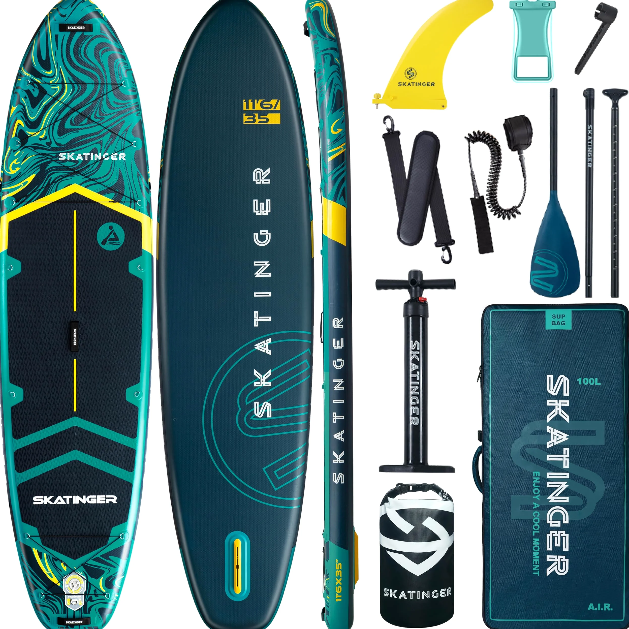Skatinger Tabla de Remo Inflable extraancha de 335 x 86 cm, soporta hasta 190 kg, para Adultos, Sup Estable para 2 Personas/Familia, Remo de 3 Piezas, Correa para el Hombro, quilla Estadounidense