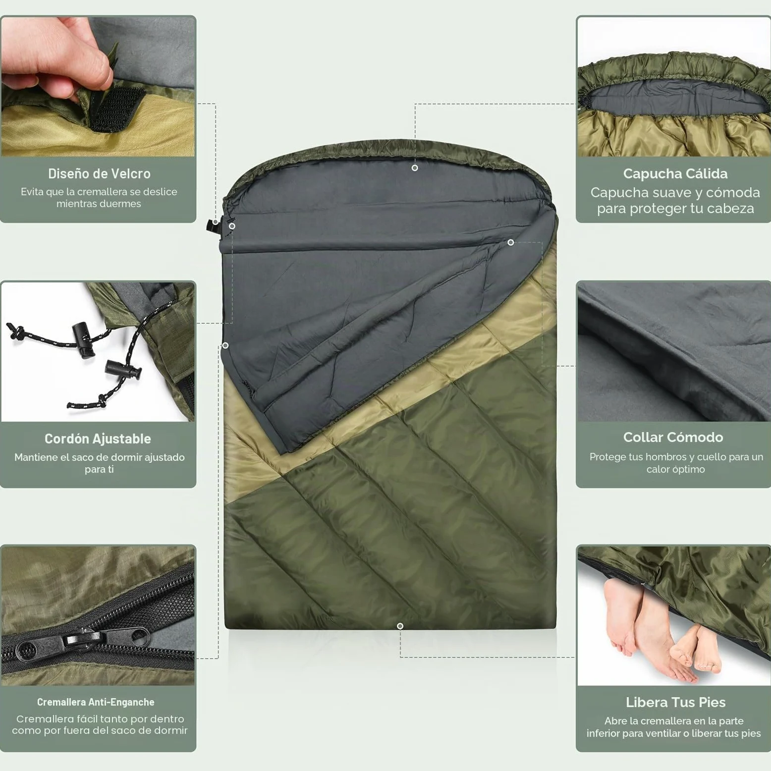 Saco de dormir doble, saco de dormir para 2 personas, tamaño Queen, para adultos, parejas, familia, camping, mochileros, XL, impermeable, ligero, para clima frío y cálido (verde militar)
