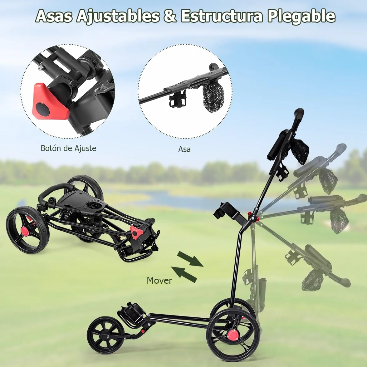 GOPLUS Carrito de Golf Plegable 3 Ruedas Goma Mango Ajustable Hierro Negro