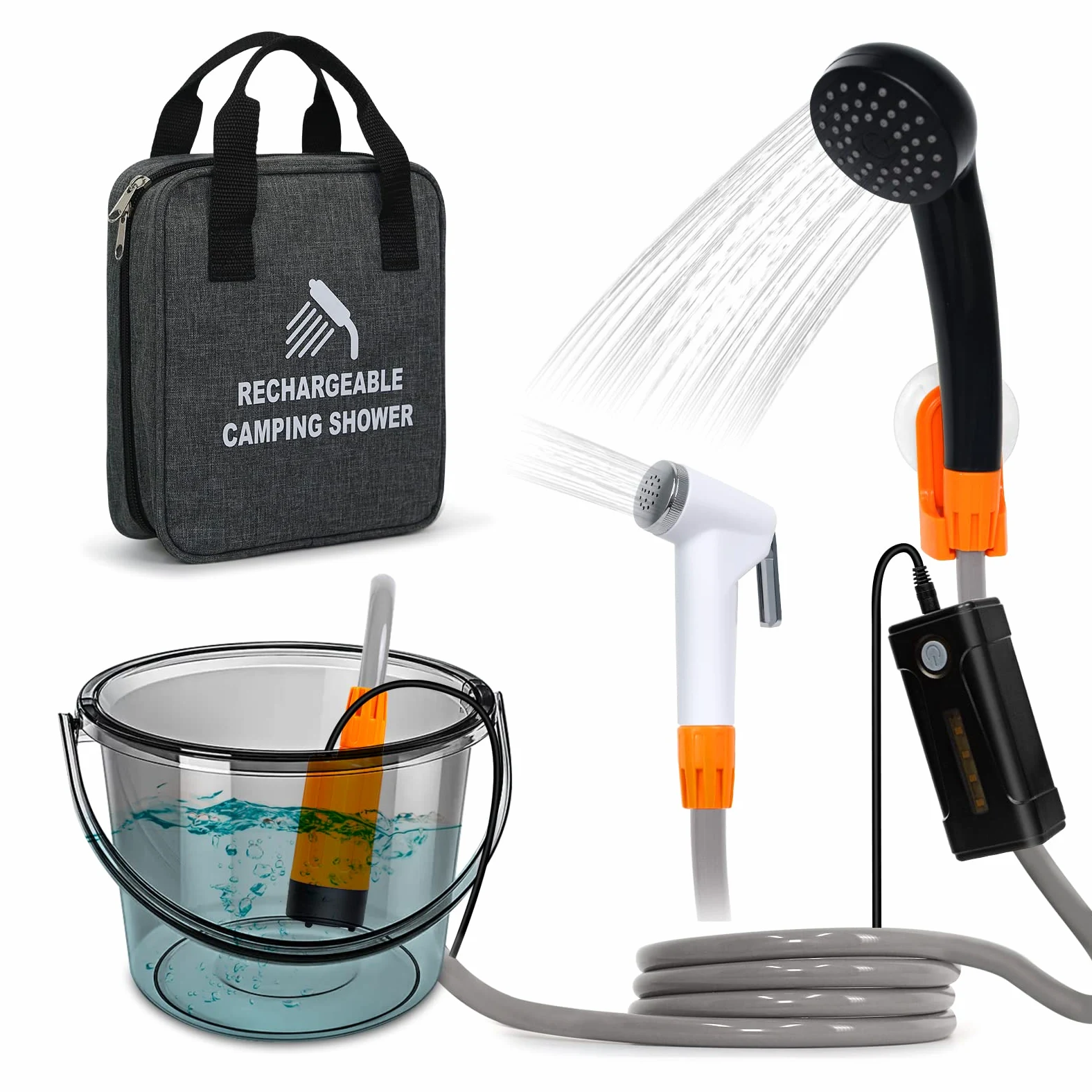 Ducha de camping portátil,luz LED,carga USB,bolsa de transporte portátil,bomba de ducha eléctrica,Con cabeza de ducha y aspersor,adecuada para senderismo/camping,playa,mascotas,al aire libre