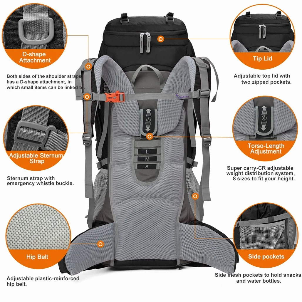 MOUNTAINTOP 70L Mochila de Senderismo para Hombre y Mujer, Mochila Trekking Unisex, Espaciosa y Resistente para Montaña, Viajes y Acampadas, con Soporte Lumbar Acolchado y Múltiples Bolsillos | Para trekking larga distancia y acampada, cremalleras YKK, fu