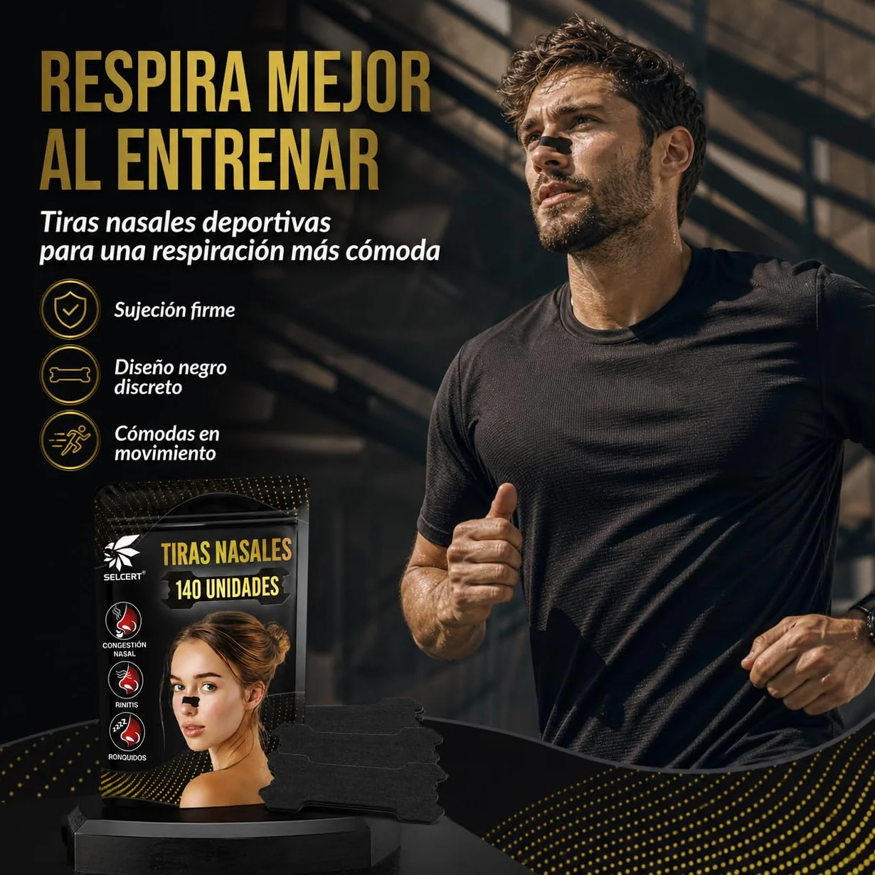 Tiras Nasales Antirronquidos x140 Dilatador Nasal Negro para Dormir Deporte Congestión Nasal