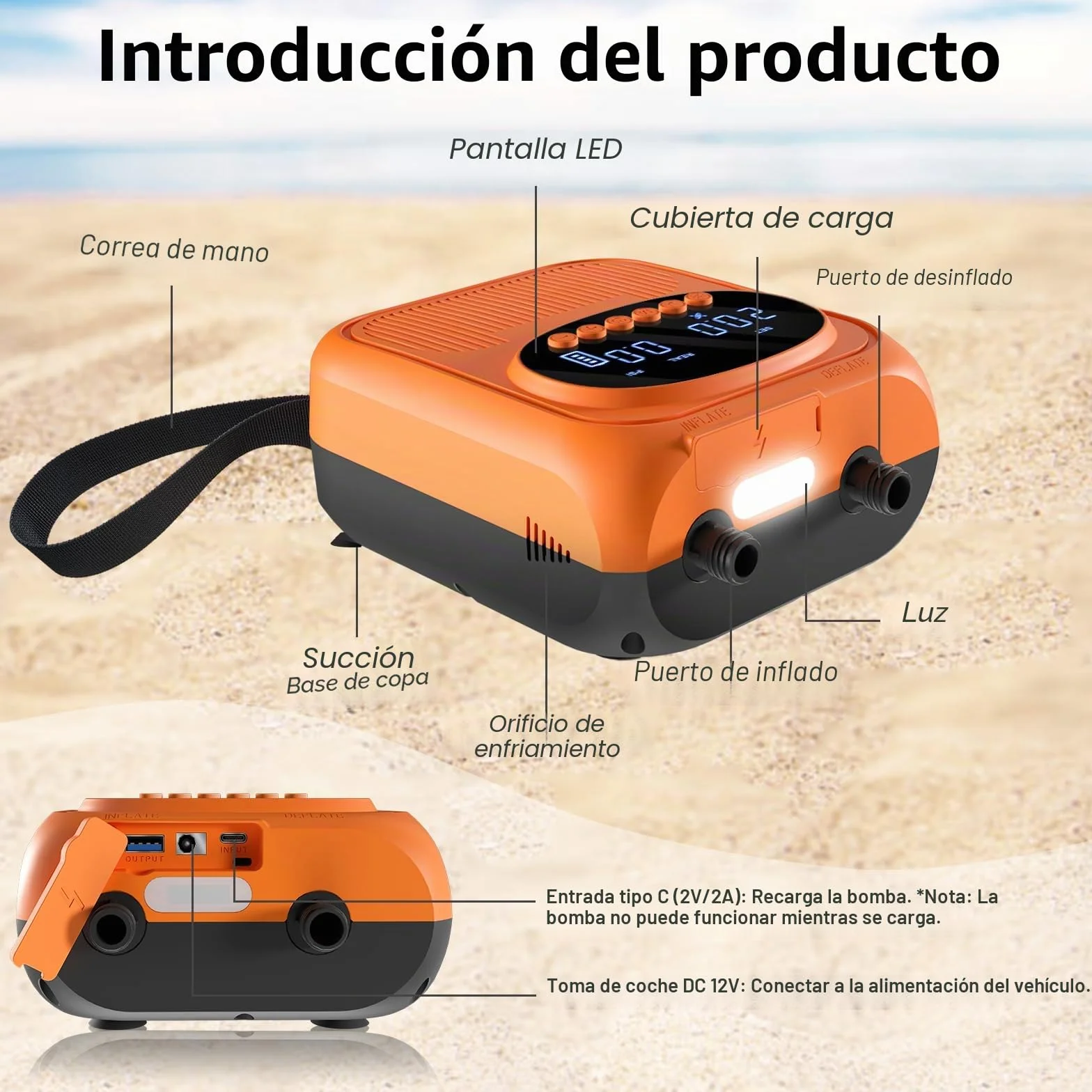 Bomba Eléctrica 20 PSI Recargable 12V con Parada Automática para Sup, Paddle, Kayak