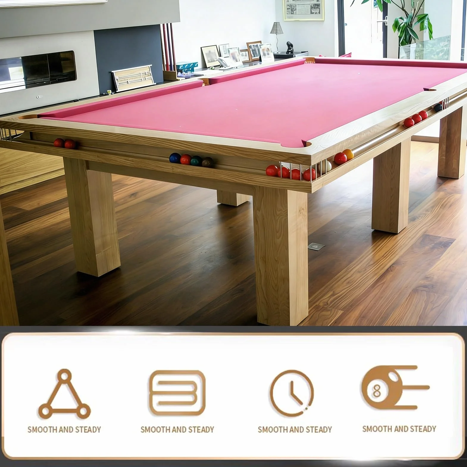 Fieltro para Mesa de Billar Americana de Nueve Bolas, Tela Precortada Rosa con 6 Tiras