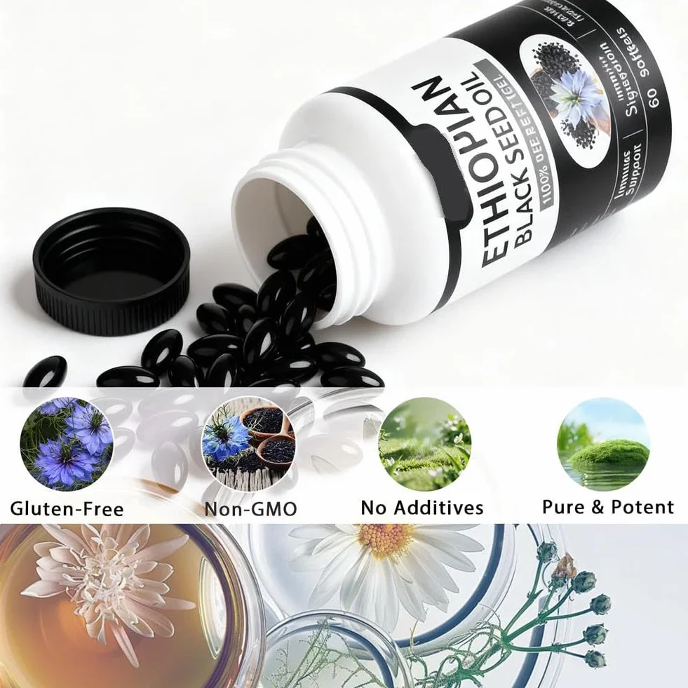 Cápsulas de aceite de semilla negra etíope puramente orgánico 4,64% timoquinona prensado en frío sin OMG sin gluten 60