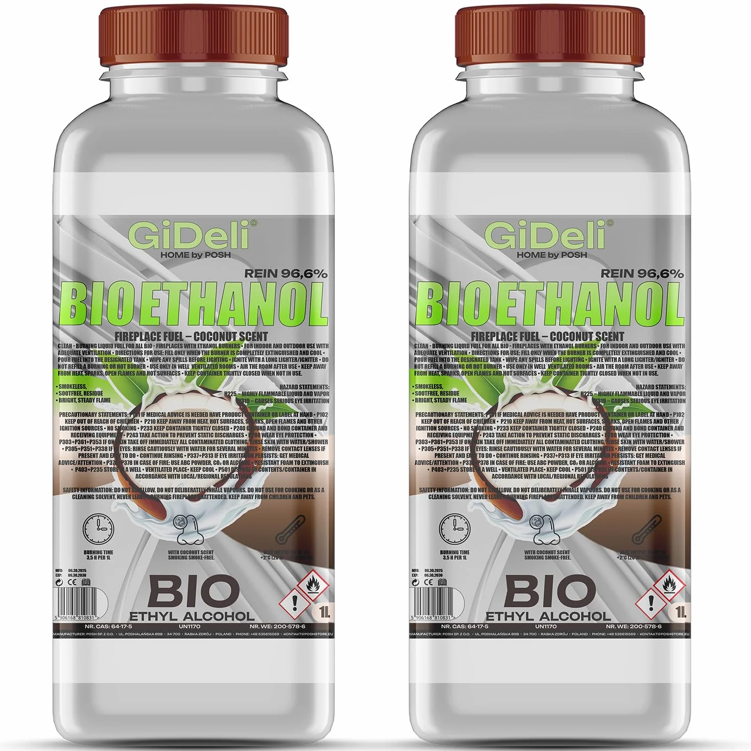 Bioetanol 96,6% de Coco 2 x 1 L sin Humo para Interior y Exterior