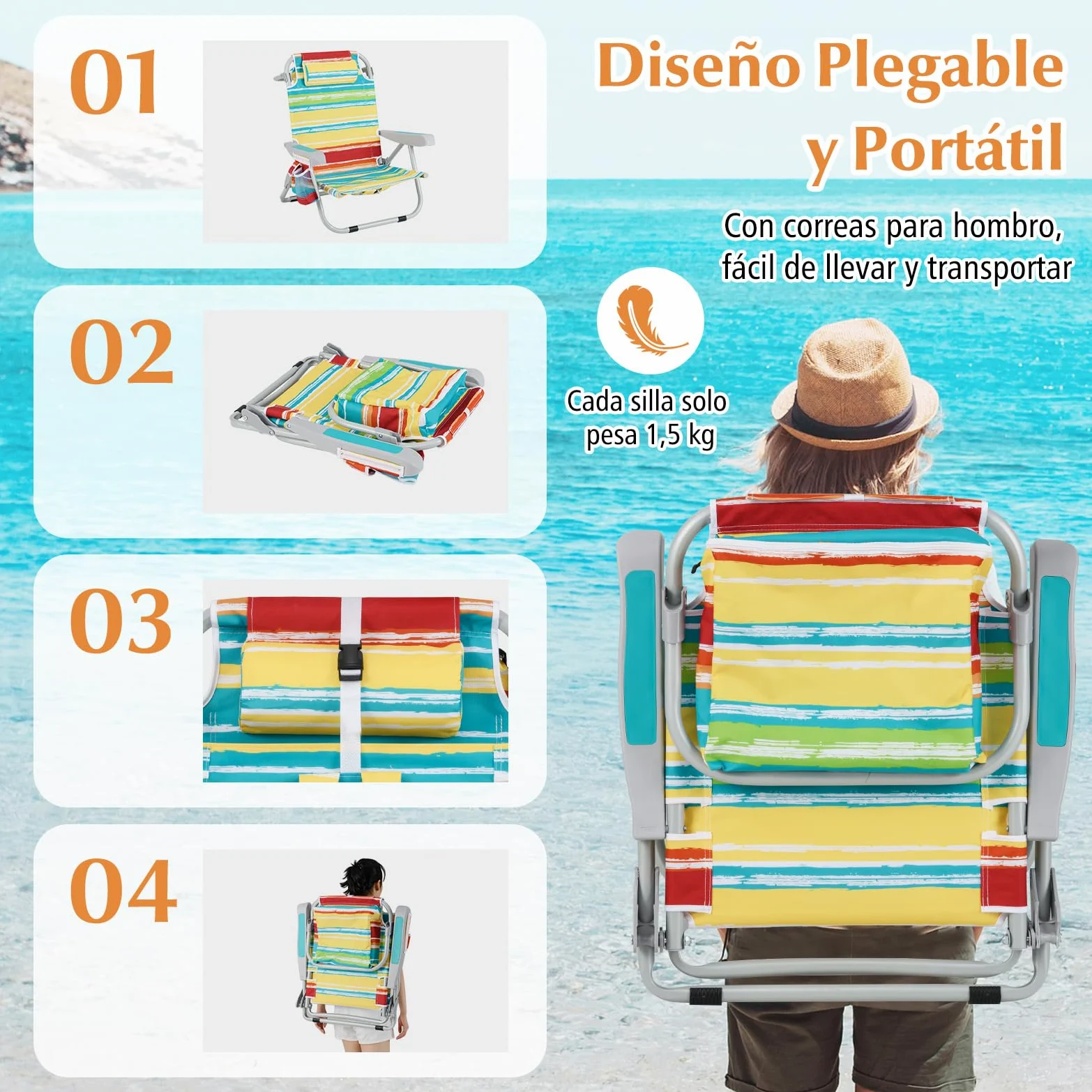 GIANTEX Silla de Playa Plegable con Bolsa de Almacenamiento, Bolsillos Laterales, Reposacabezas y Soporte para Toallas, Respaldo Ajustable 5 Niveles (2, Rayas Coloridas, 65 x 66 x 78 cm)