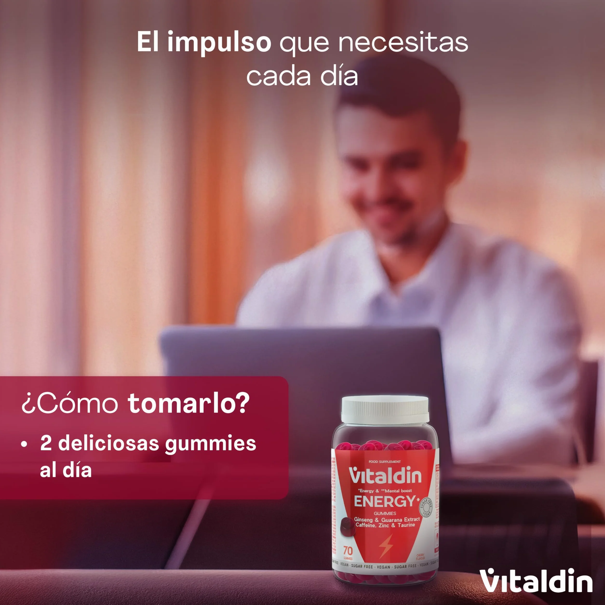 VITALDIN Energy Gummies Veganas Sin Azúcares Añadidos con Ginseng Guaraná Cafeína Taurina Vitaminas B 70 gomas