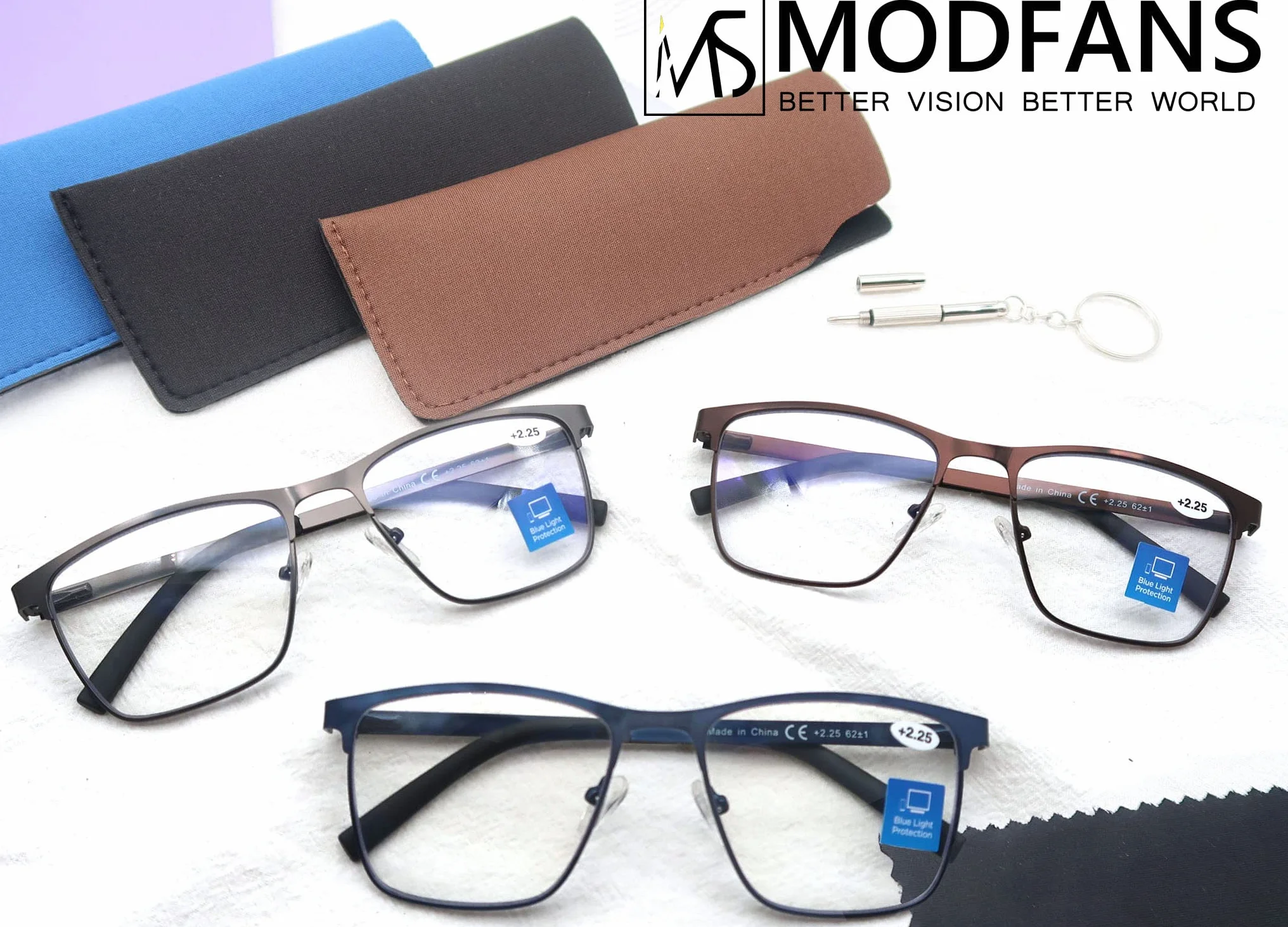 MODFANS Pack de 3 Gafas de Lectura Anti Luz Azul, Metal Acero Inoxidable, Lente Clara, Rectangular - Ligeras y Cómodas