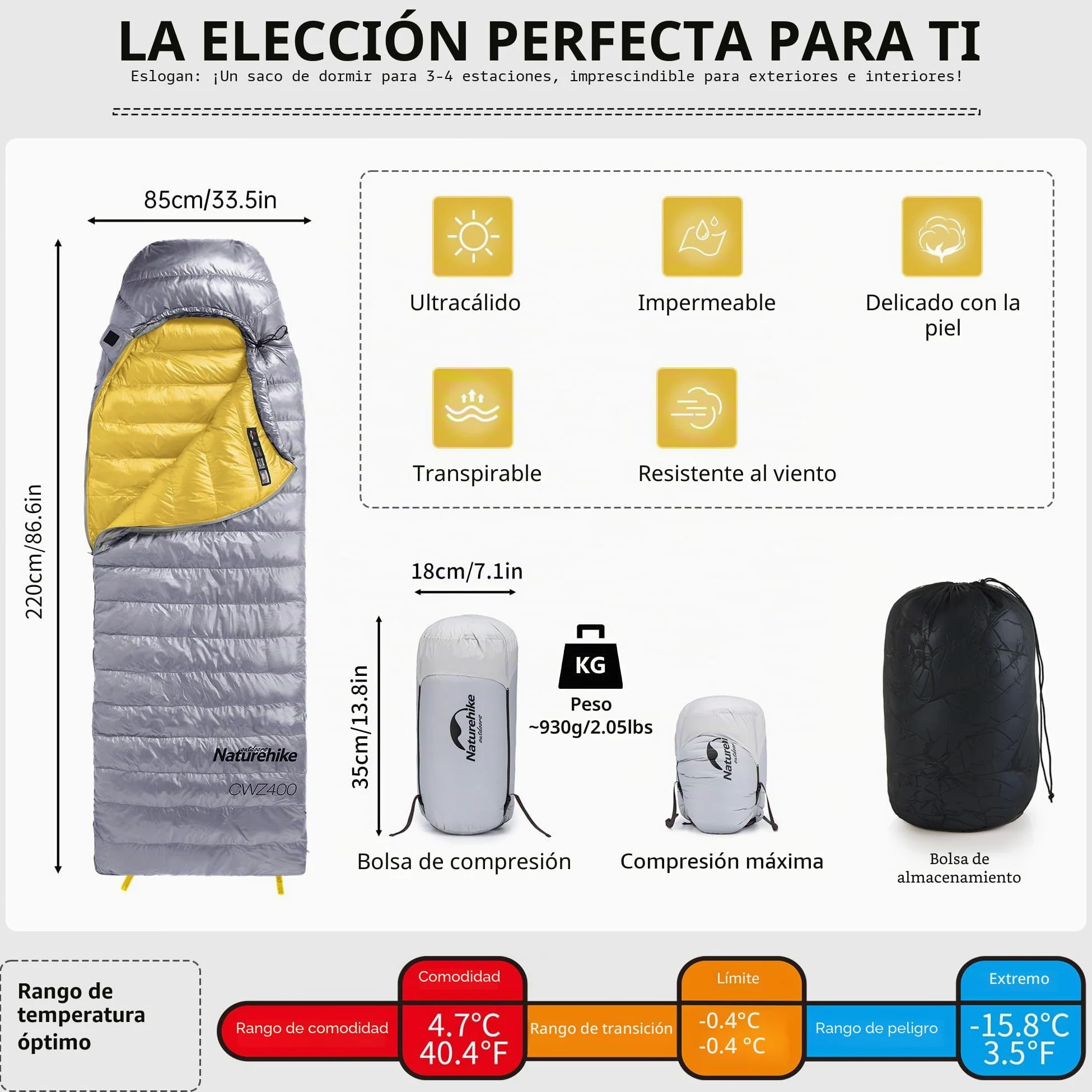 Naturehike Saco de dormir de plumón de la serie CW, ultraligero, portátil, compacto, saco de dormir 4 estaciones para adultos y niños, camping, senderismo, viajes