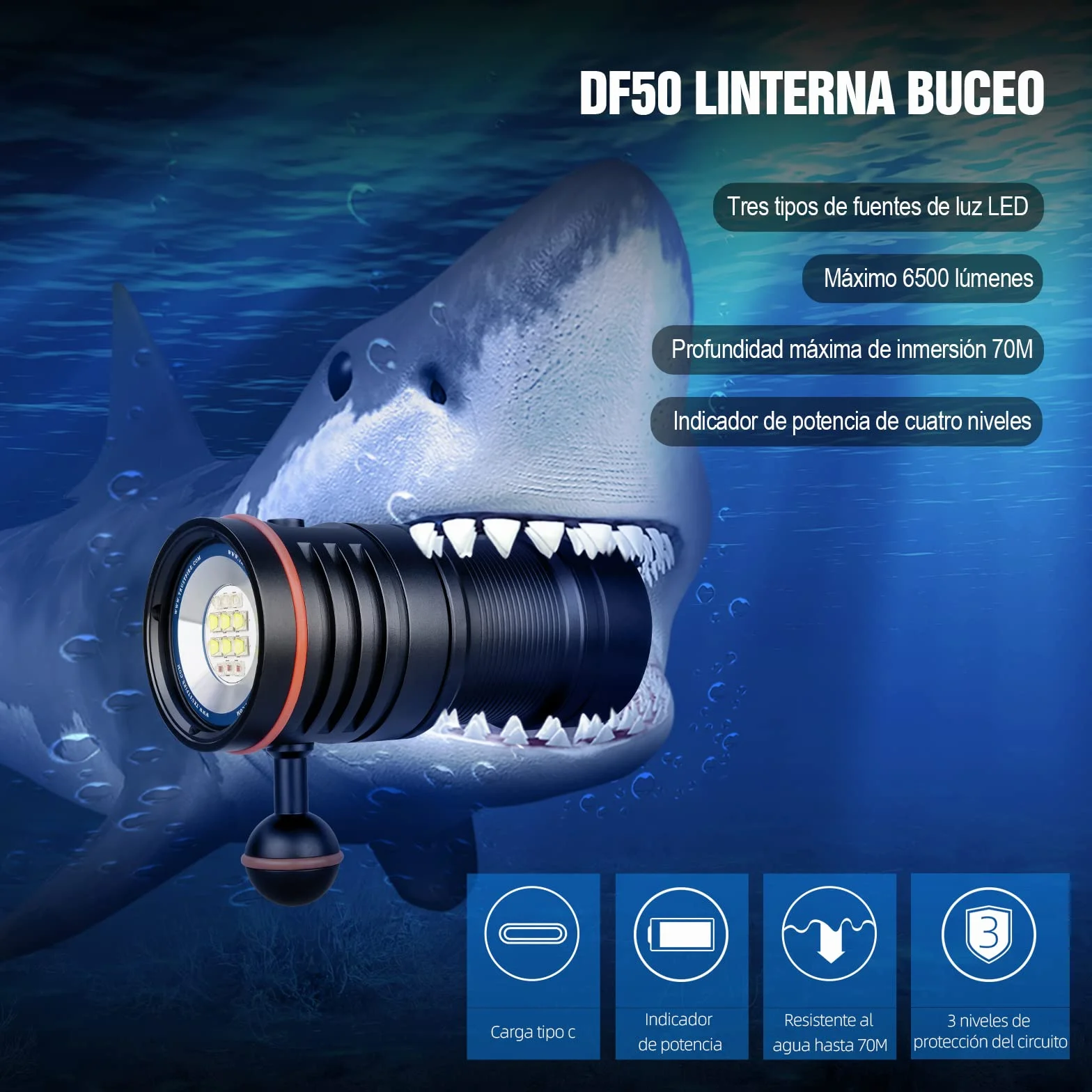 Linterna de Buceo, TrustFire DF50 Kit Antorcha de Buceo Recargable 6500 Lúmenes, Linterna Sumergible 70M Impermeable, 3 Tipos Diferentes de Iluminación（Luz de Blanca, UV, Roja）